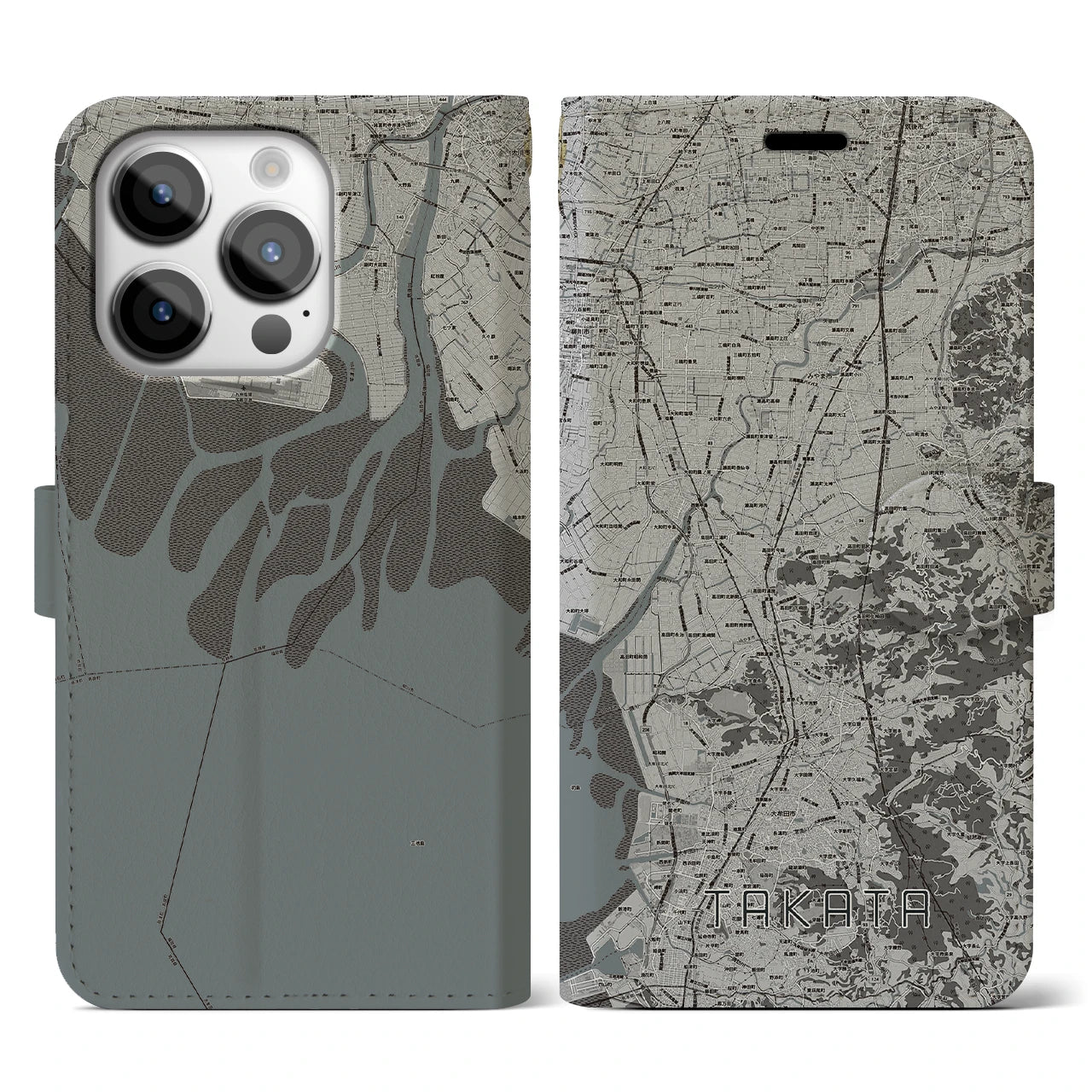 【高田(福岡県)】地図柄iPhoneケース(手帳タイプ)モノトーン・iPhone 14 Pro 用