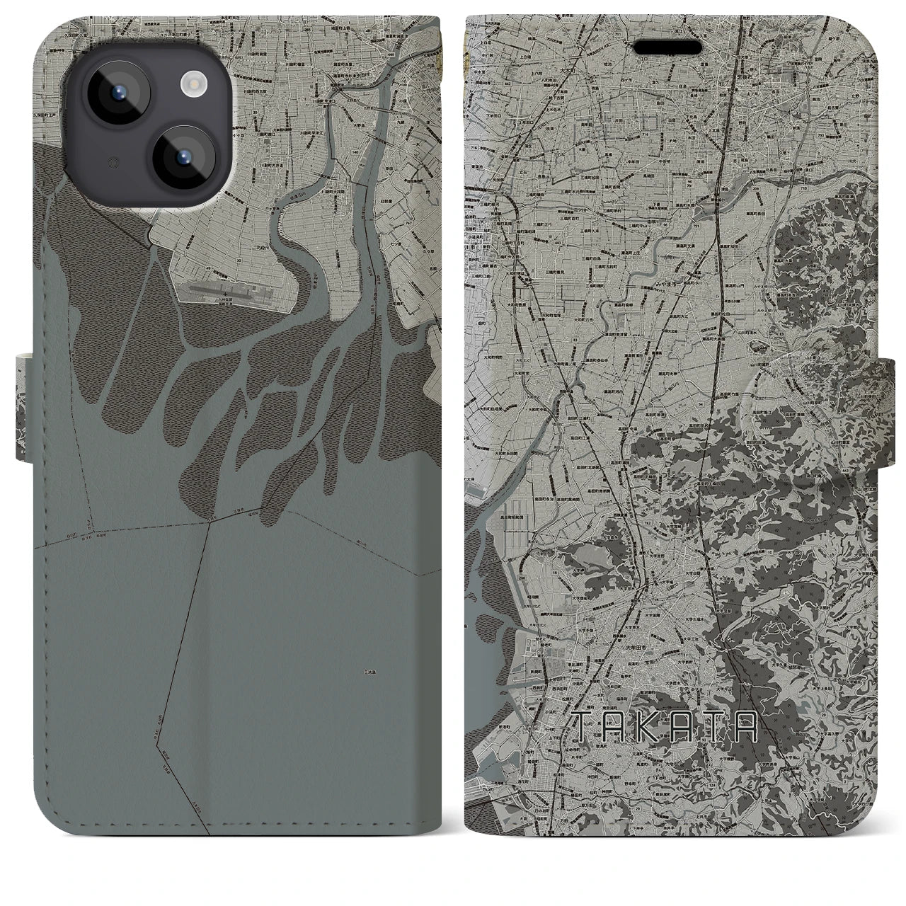 【高田(福岡県)】地図柄iPhoneケース(手帳タイプ)モノトーン・iPhone 14 Plus 用