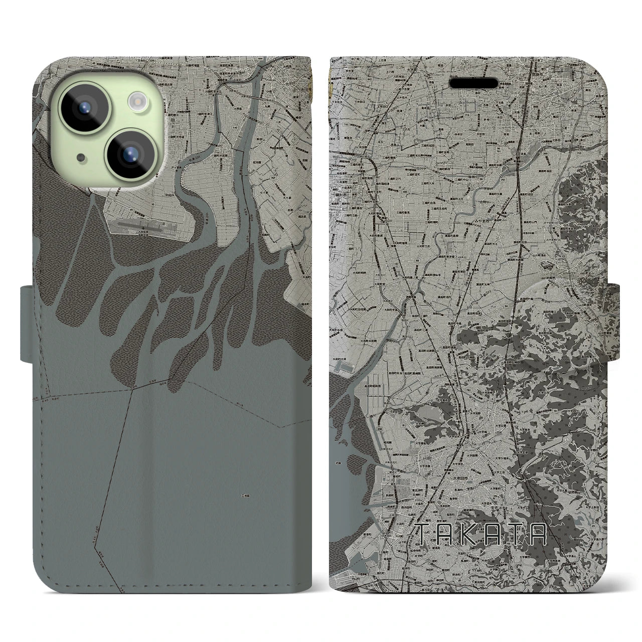 【高田(福岡県)】地図柄iPhoneケース(手帳タイプ)モノトーン・iPhone 15 用