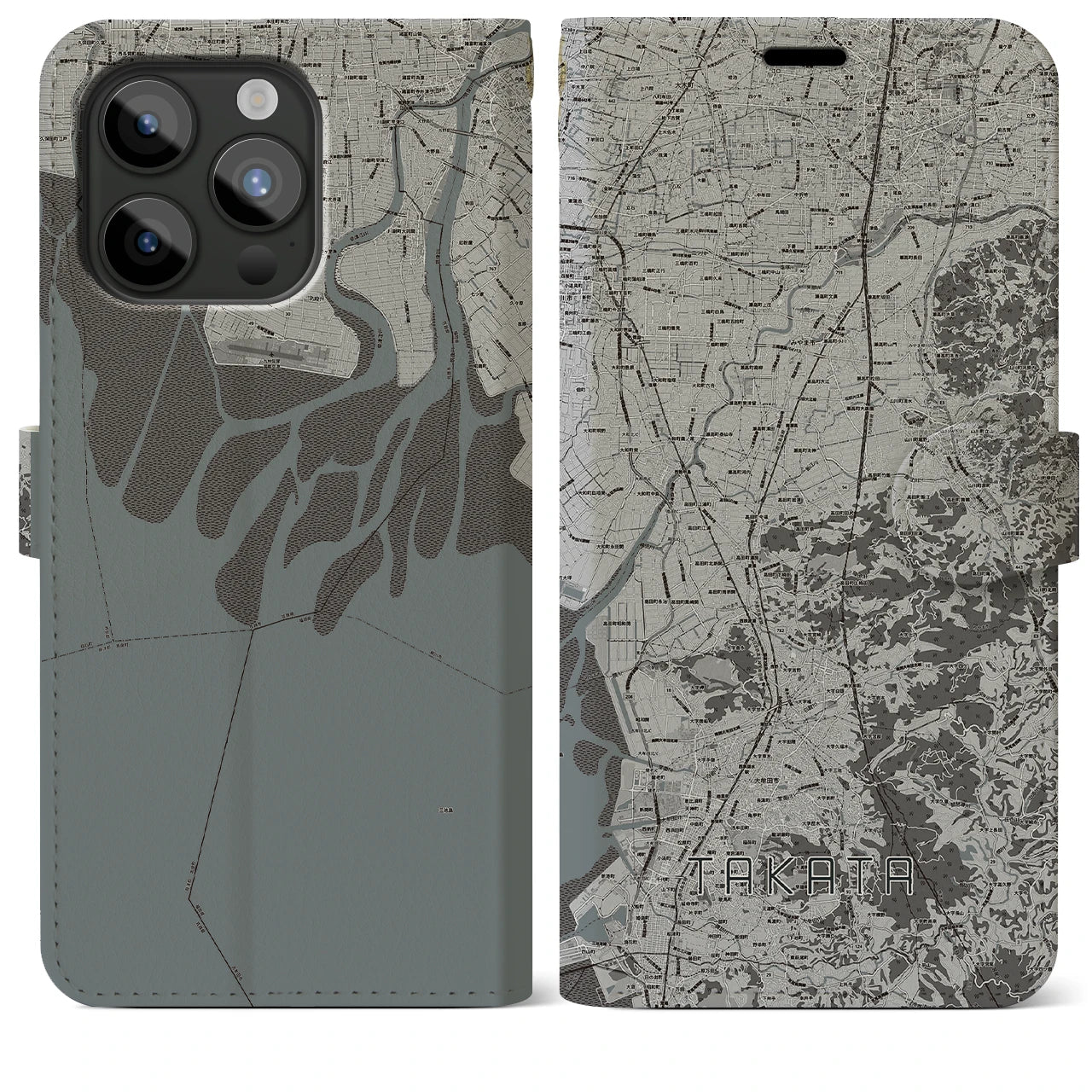 【高田(福岡県)】地図柄iPhoneケース(手帳タイプ)モノトーン・iPhone 15 Pro Max 用