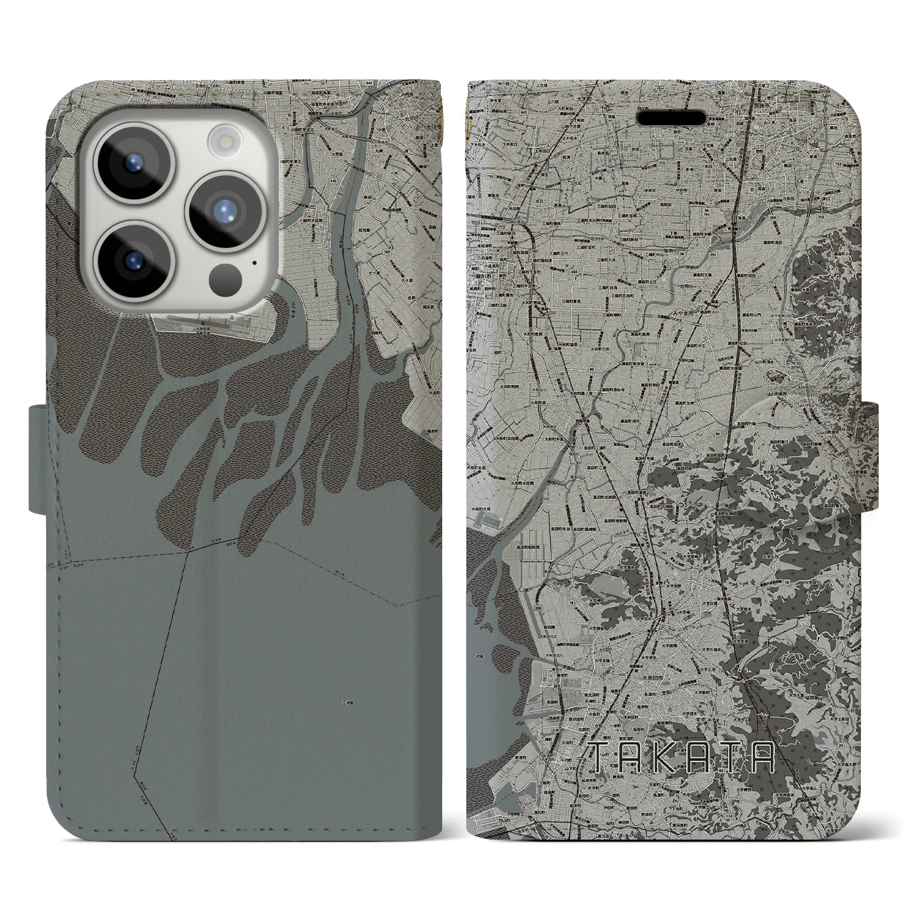 【高田(福岡県)】地図柄iPhoneケース(手帳タイプ)モノトーン・iPhone 15 Pro 用