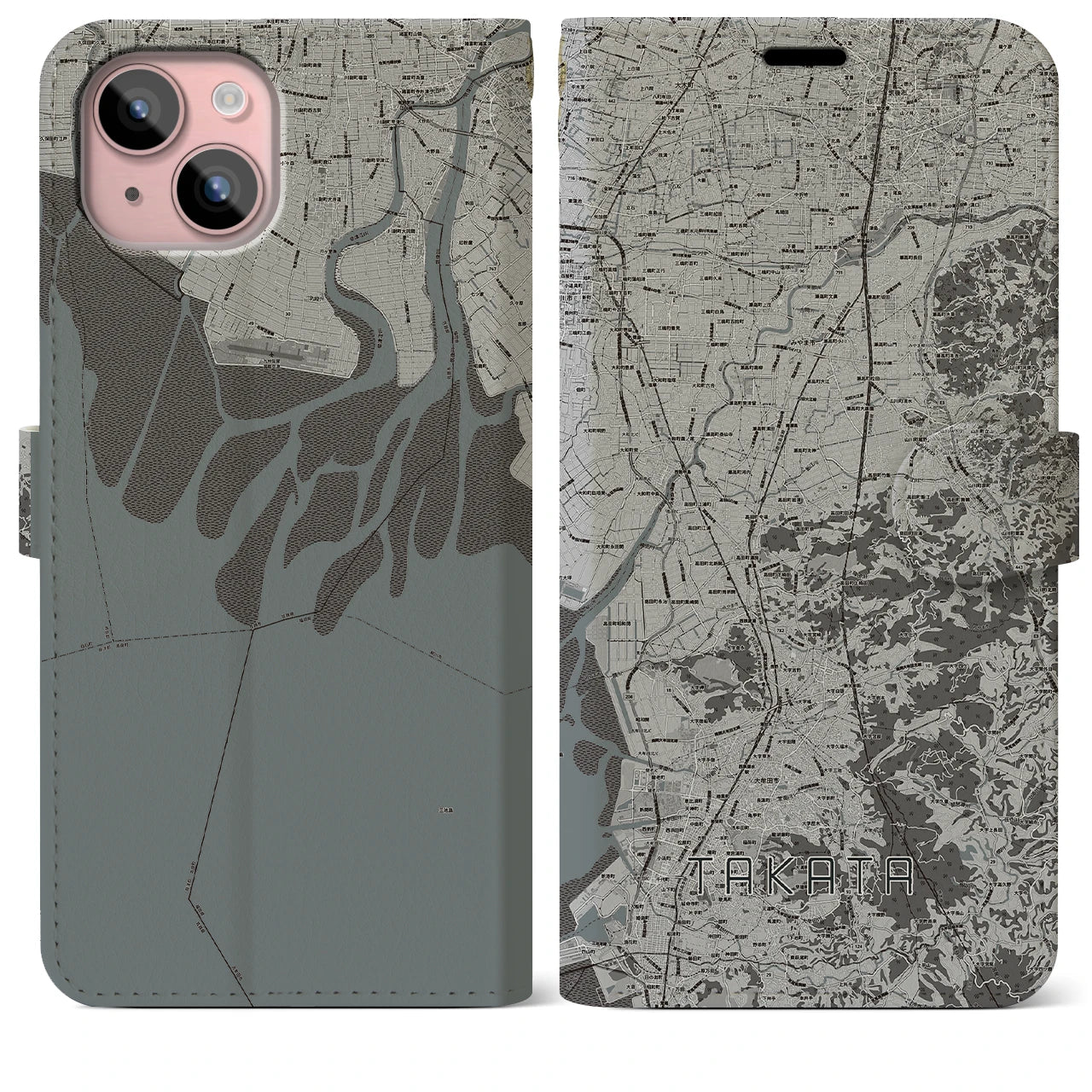 【高田(福岡県)】地図柄iPhoneケース(手帳タイプ)モノトーン・iPhone 15 Plus 用