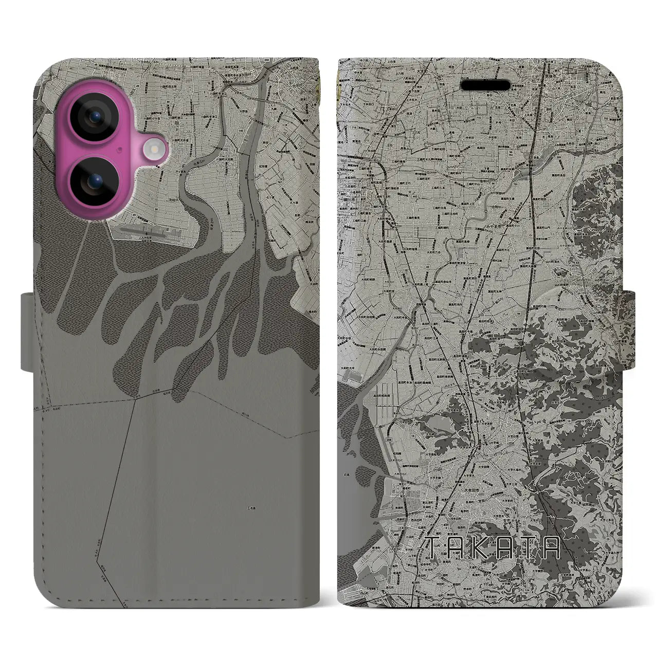 【高田(福岡県)】地図柄iPhoneケース(手帳タイプ)モノトーン・iPhone 16 Pro 用