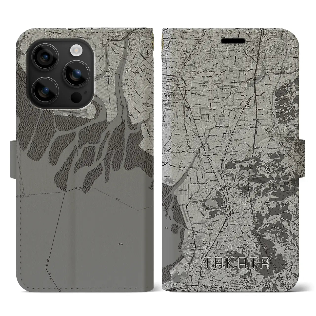 【高田(福岡県)】地図柄iPhoneケース(手帳タイプ)モノトーン・iPhone 16 用