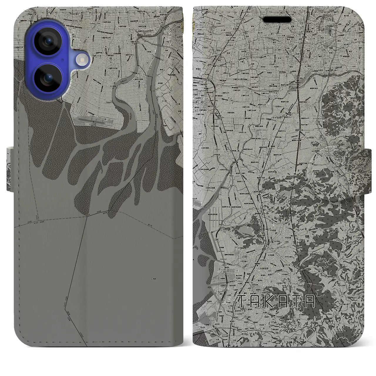 【高田(福岡県)】地図柄iPhoneケース(手帳タイプ)モノトーン・iPhone 16 Pro Max 用