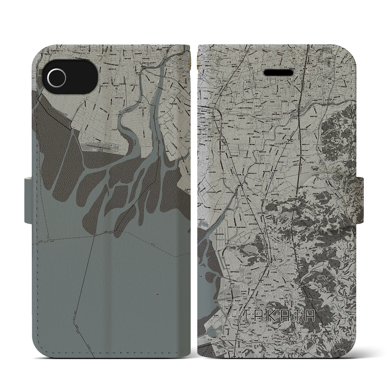【高田(福岡県)】地図柄iPhoneケース(手帳タイプ)モノトーン・iPhone SE(第3 / 第2世代) / 8 / 7 / 6s / 6 用