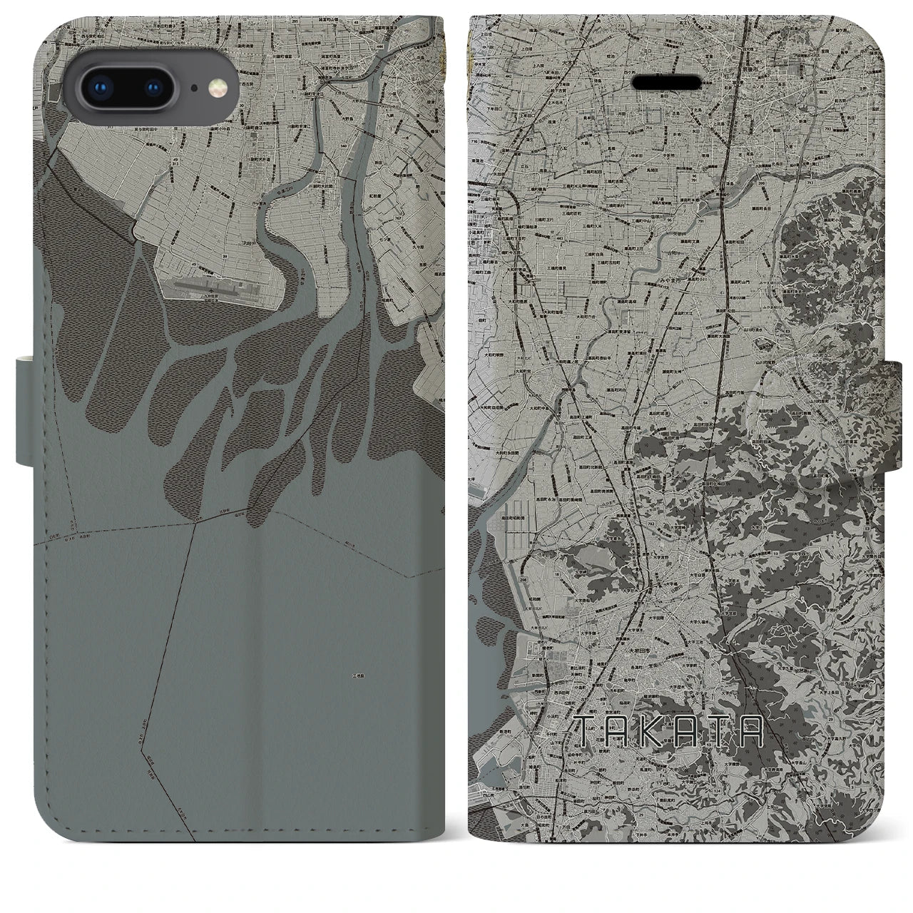 【高田(福岡県)】地図柄iPhoneケース(手帳タイプ)モノトーン・iPhone 8Plus /7Plus / 6sPlus / 6Plus 用