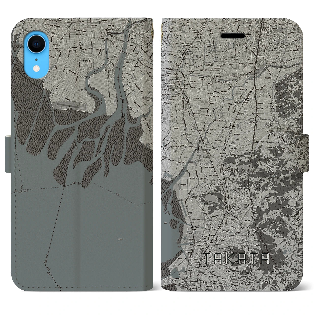 【高田(福岡県)】地図柄iPhoneケース(手帳タイプ)モノトーン・iPhone XR 用