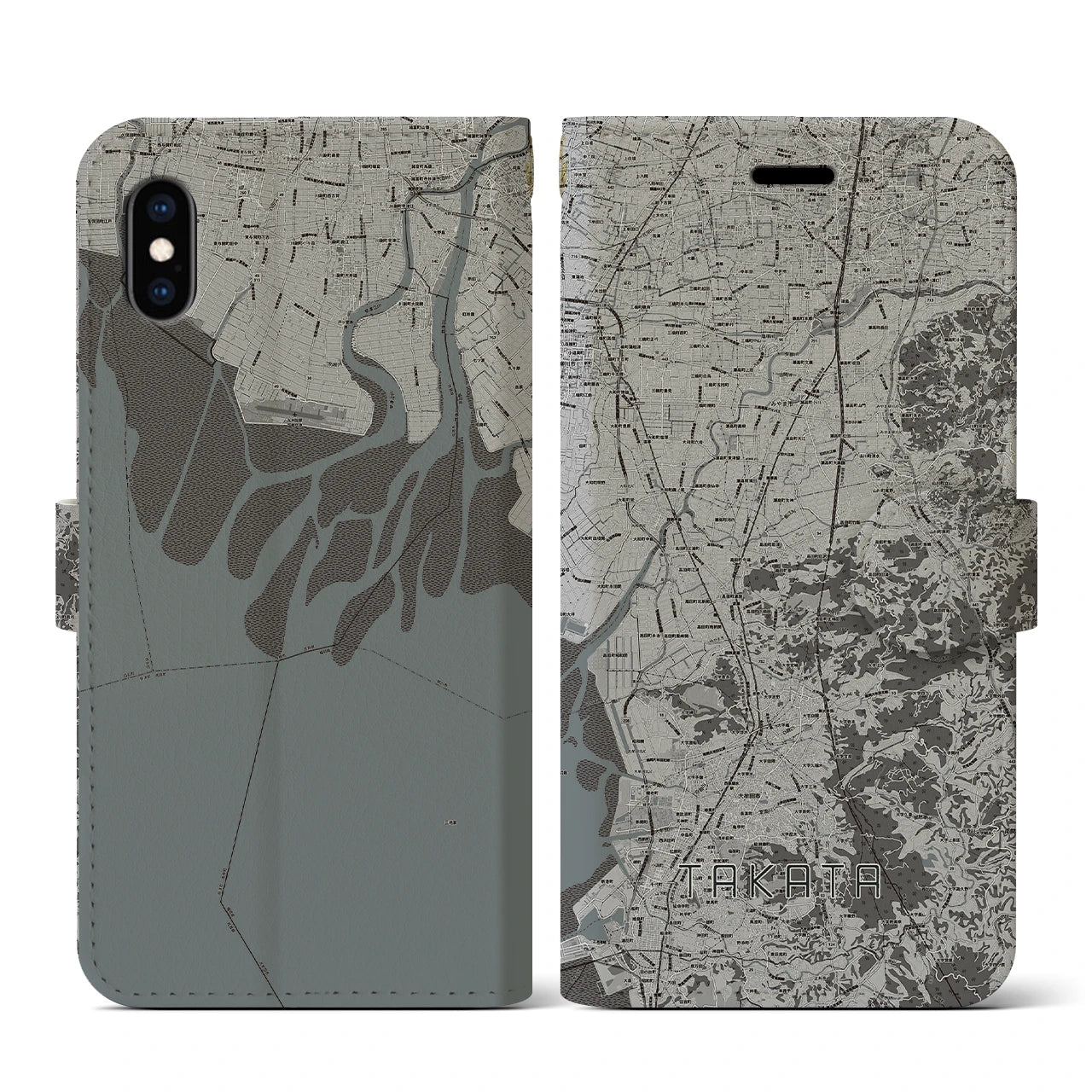 【高田(福岡県)】地図柄iPhoneケース(手帳タイプ)モノトーン・iPhone XS / X 用