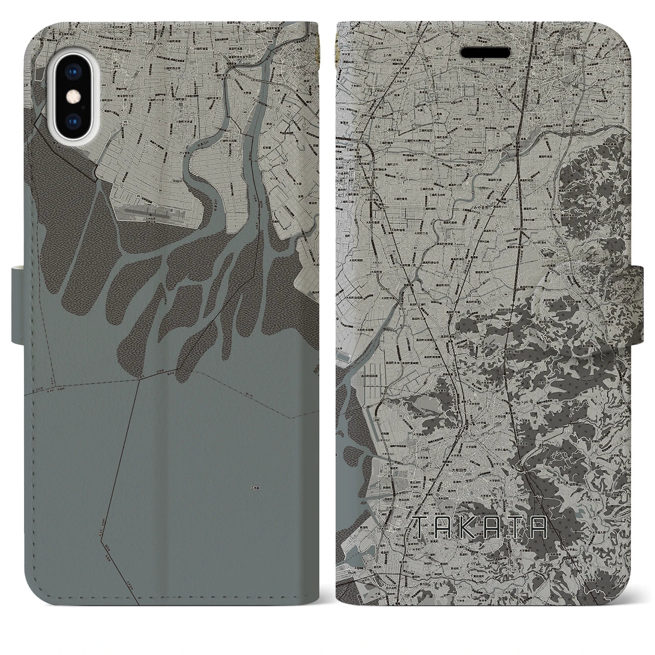 【高田(福岡県)】地図柄iPhoneケース(手帳タイプ)モノトーン・iPhone XS Max 用