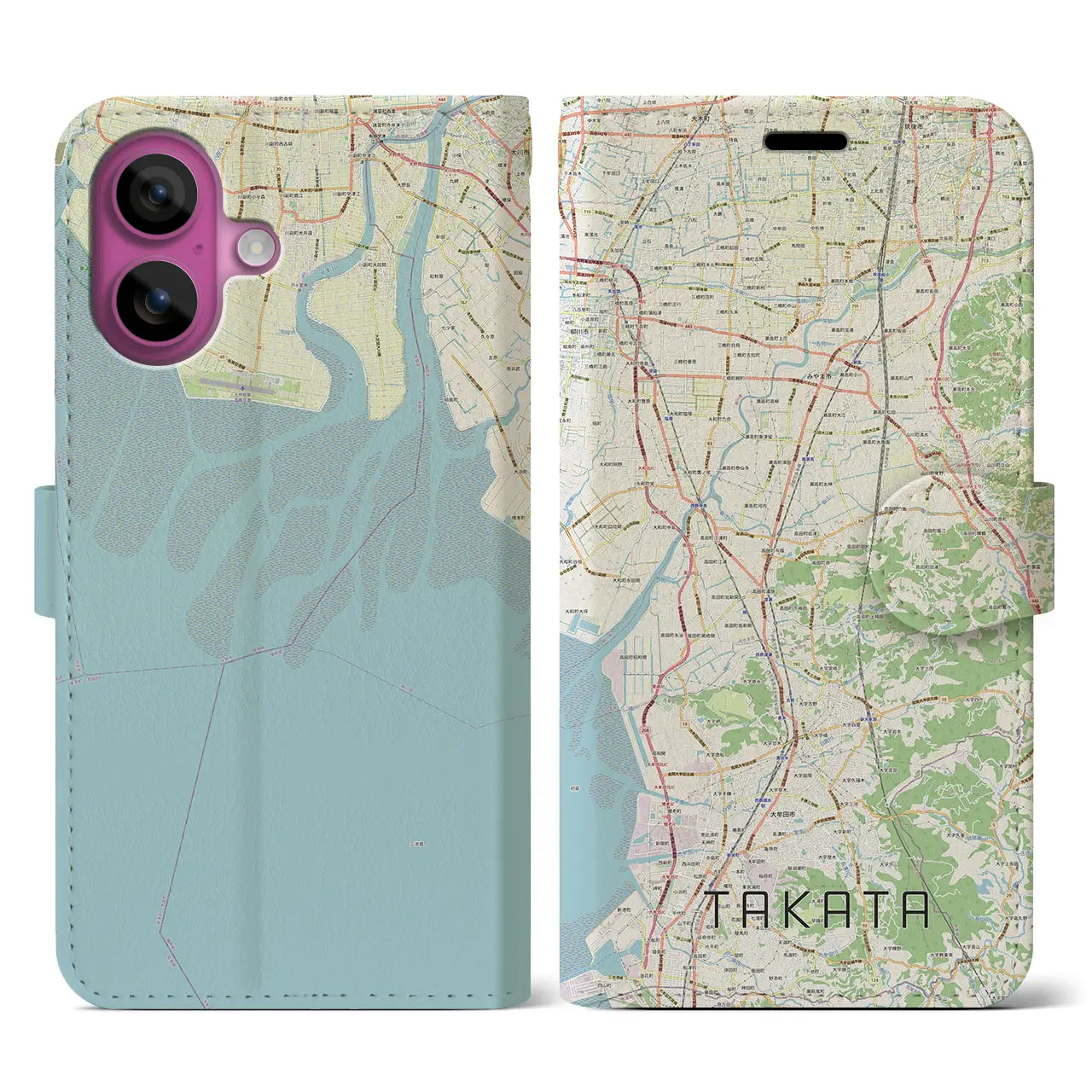 【高田(福岡県)】地図柄iPhoneケース(手帳タイプ)ナチュラル・iPhone 16 Pro 用