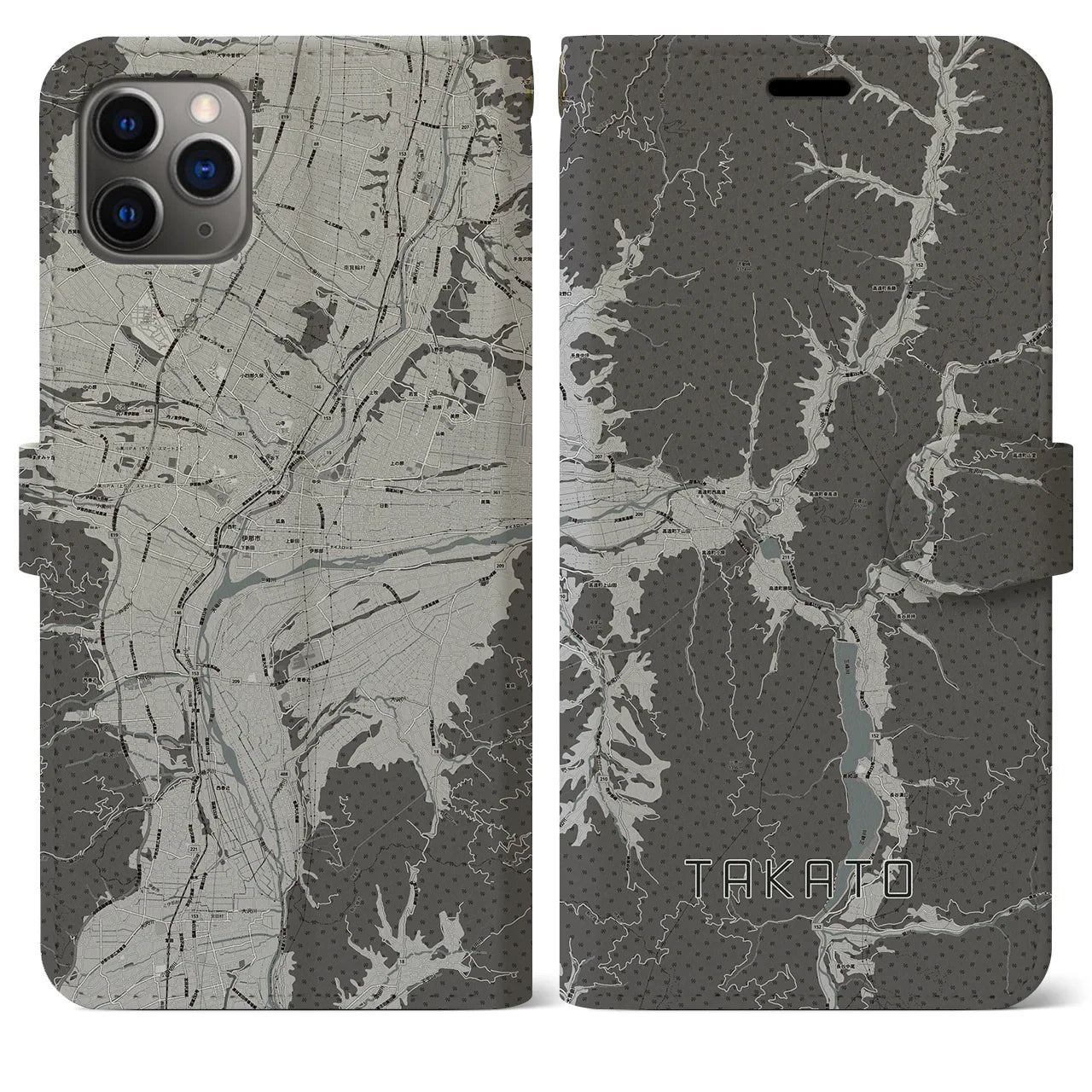 【高遠(長野県)】地図柄iPhoneケース(手帳タイプ)モノトーン・iPhone 11 Pro Max 用