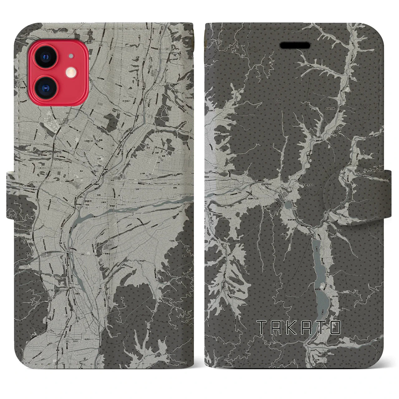 【高遠(長野県)】地図柄iPhoneケース(手帳タイプ)モノトーン・iPhone 11 用