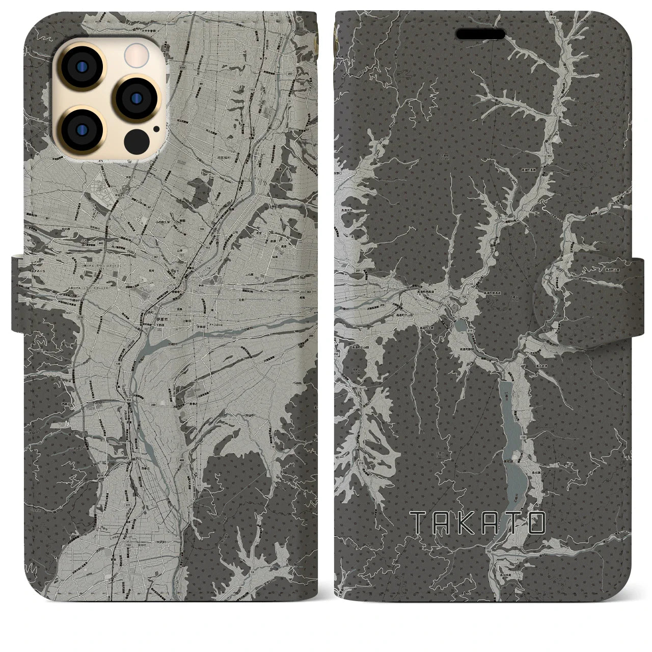 【高遠(長野県)】地図柄iPhoneケース(手帳タイプ)モノトーン・iPhone 12 Pro Max 用