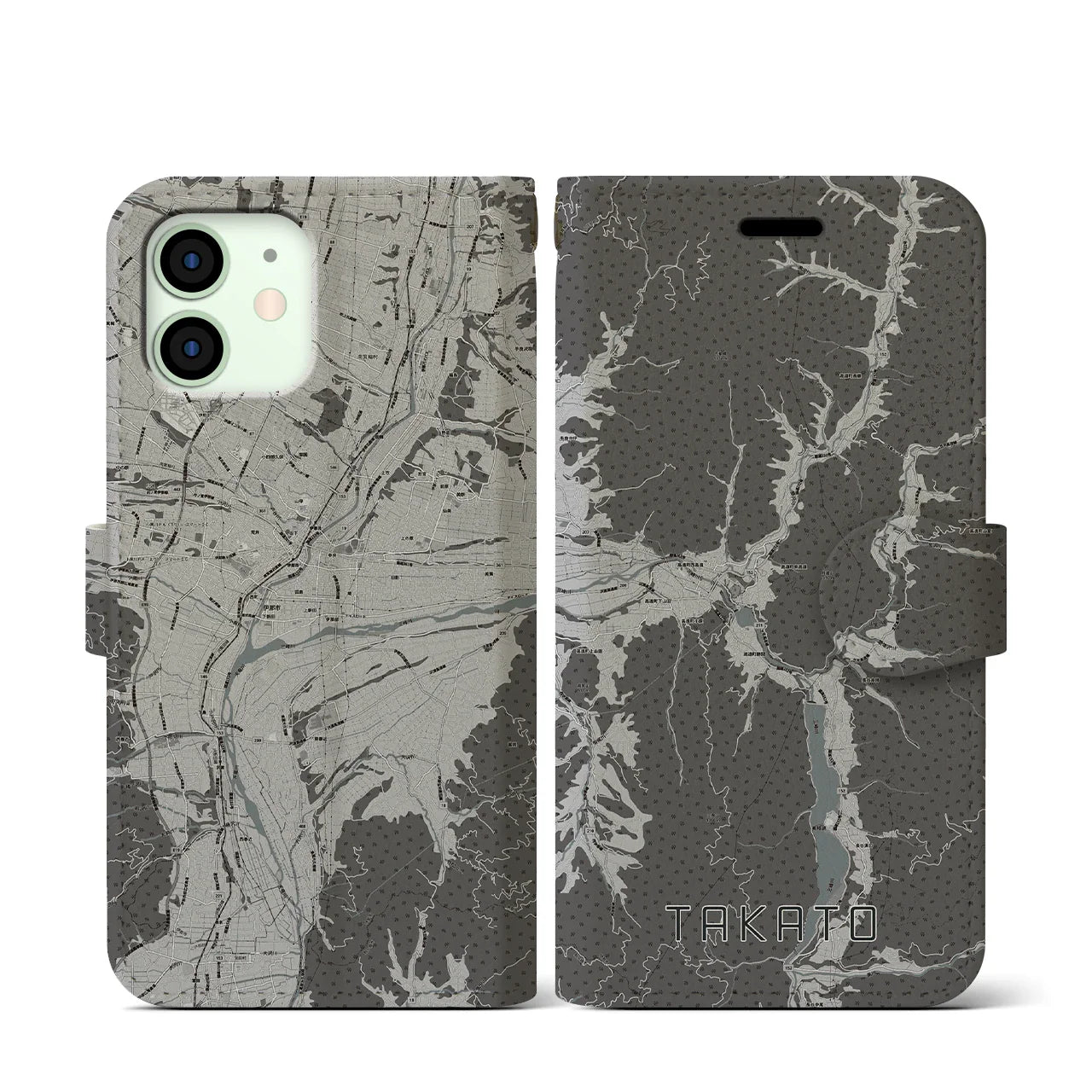 【高遠(長野県)】地図柄iPhoneケース(手帳タイプ)モノトーン・iPhone 12 mini 用