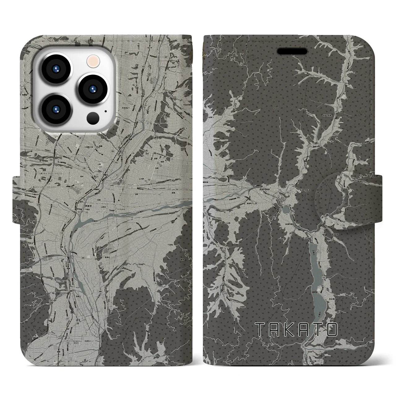 【高遠(長野県)】地図柄iPhoneケース(手帳タイプ)モノトーン・iPhone 13 Pro 用