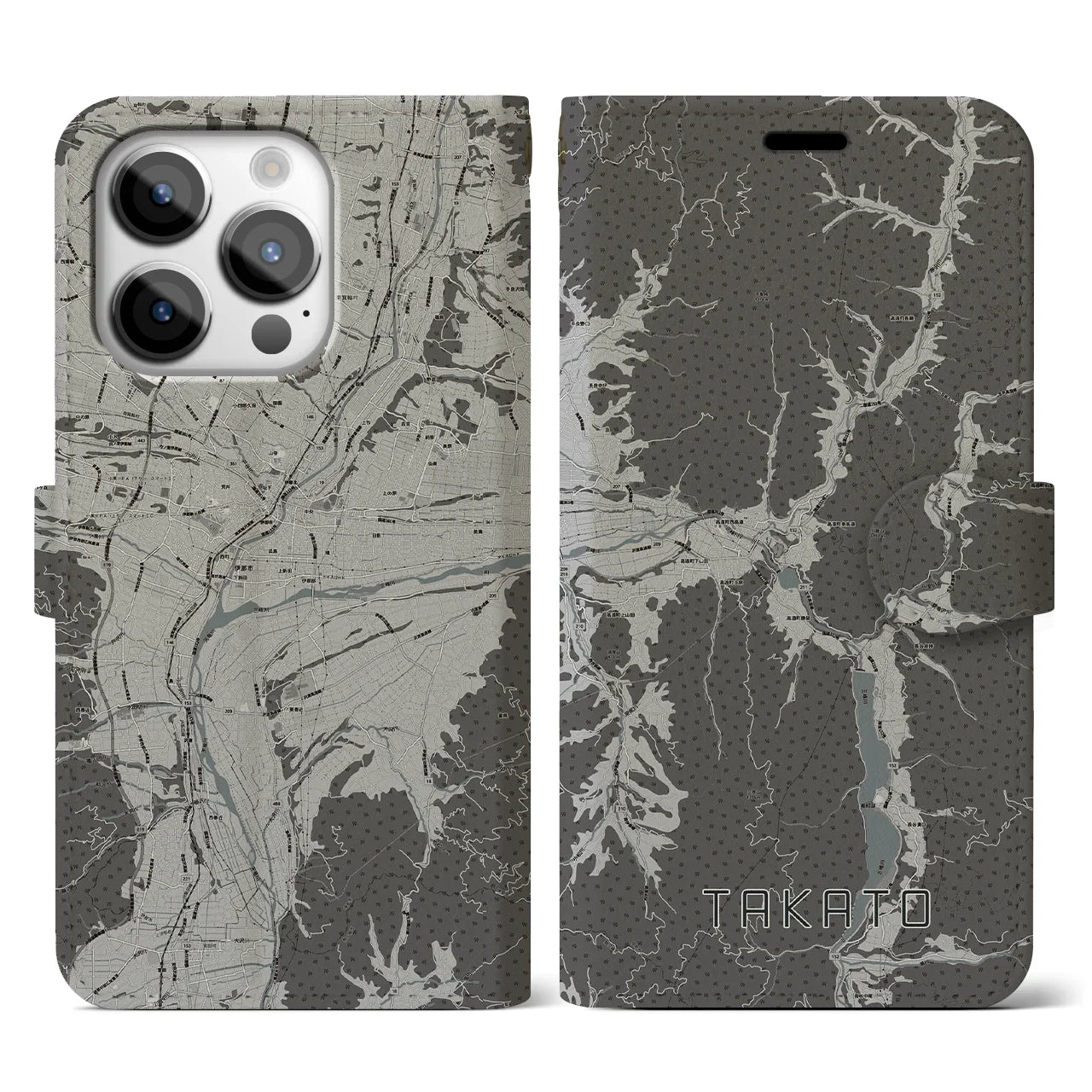 【高遠(長野県)】地図柄iPhoneケース(手帳タイプ)モノトーン・iPhone 14 Pro 用