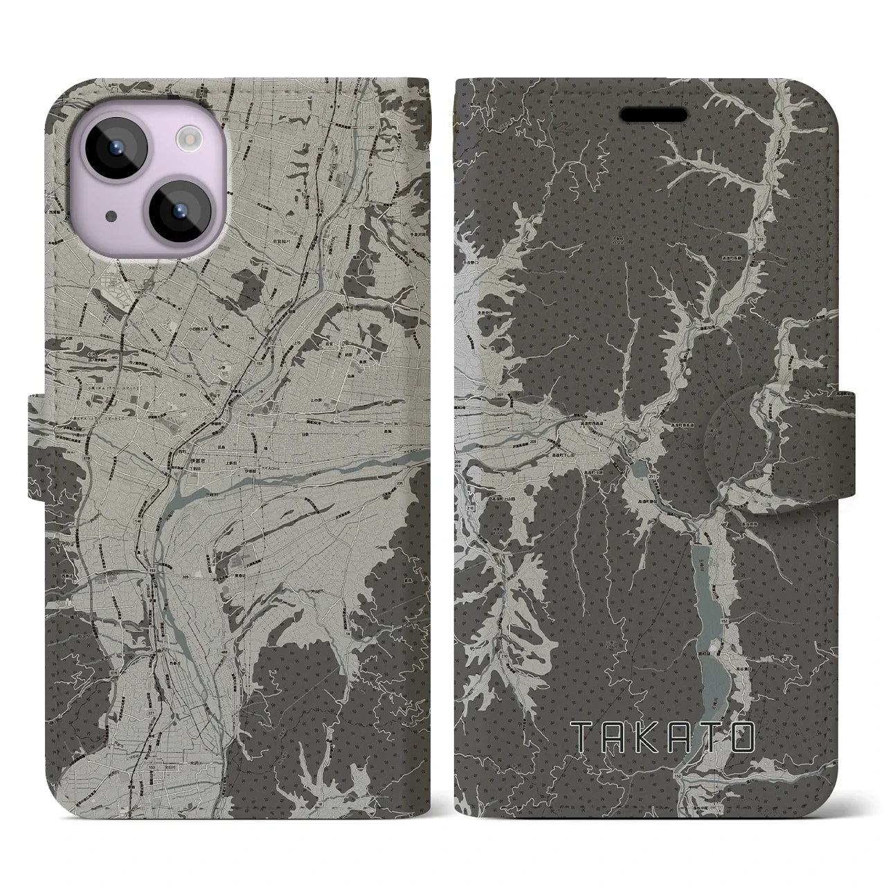 【高遠(長野県)】地図柄iPhoneケース(手帳タイプ)モノトーン・iPhone 14 用