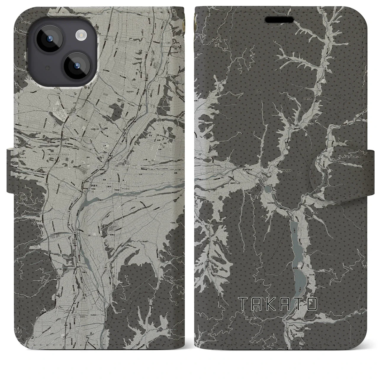 【高遠(長野県)】地図柄iPhoneケース(手帳タイプ)モノトーン・iPhone 14 Plus 用