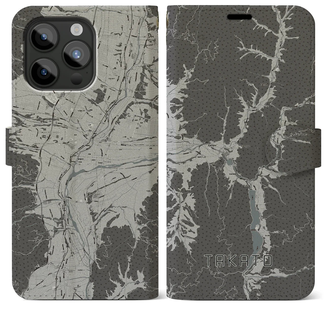 【高遠(長野県)】地図柄iPhoneケース(手帳タイプ)モノトーン・iPhone 15 Pro Max 用