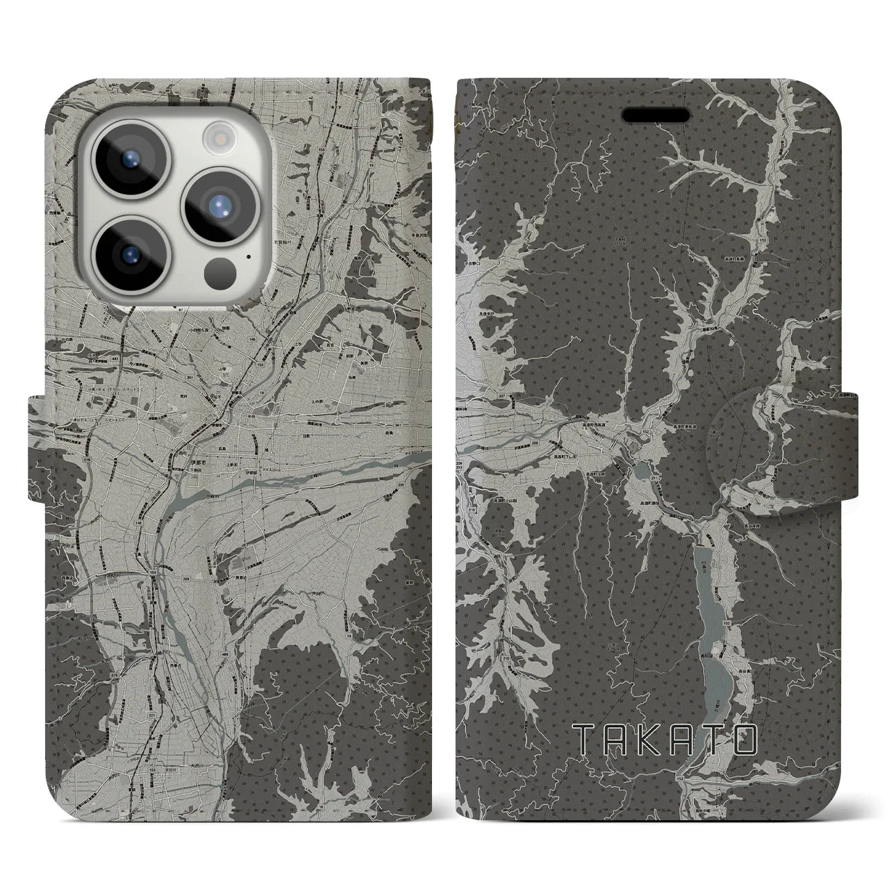 【高遠(長野県)】地図柄iPhoneケース(手帳タイプ)モノトーン・iPhone 15 Pro 用