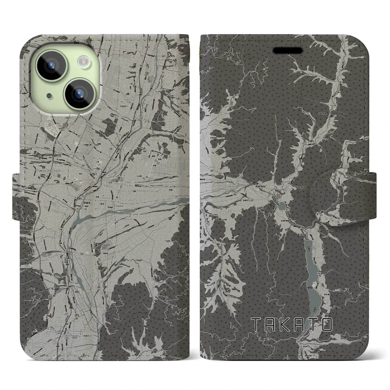 【高遠(長野県)】地図柄iPhoneケース(手帳タイプ)モノトーン・iPhone 15 用