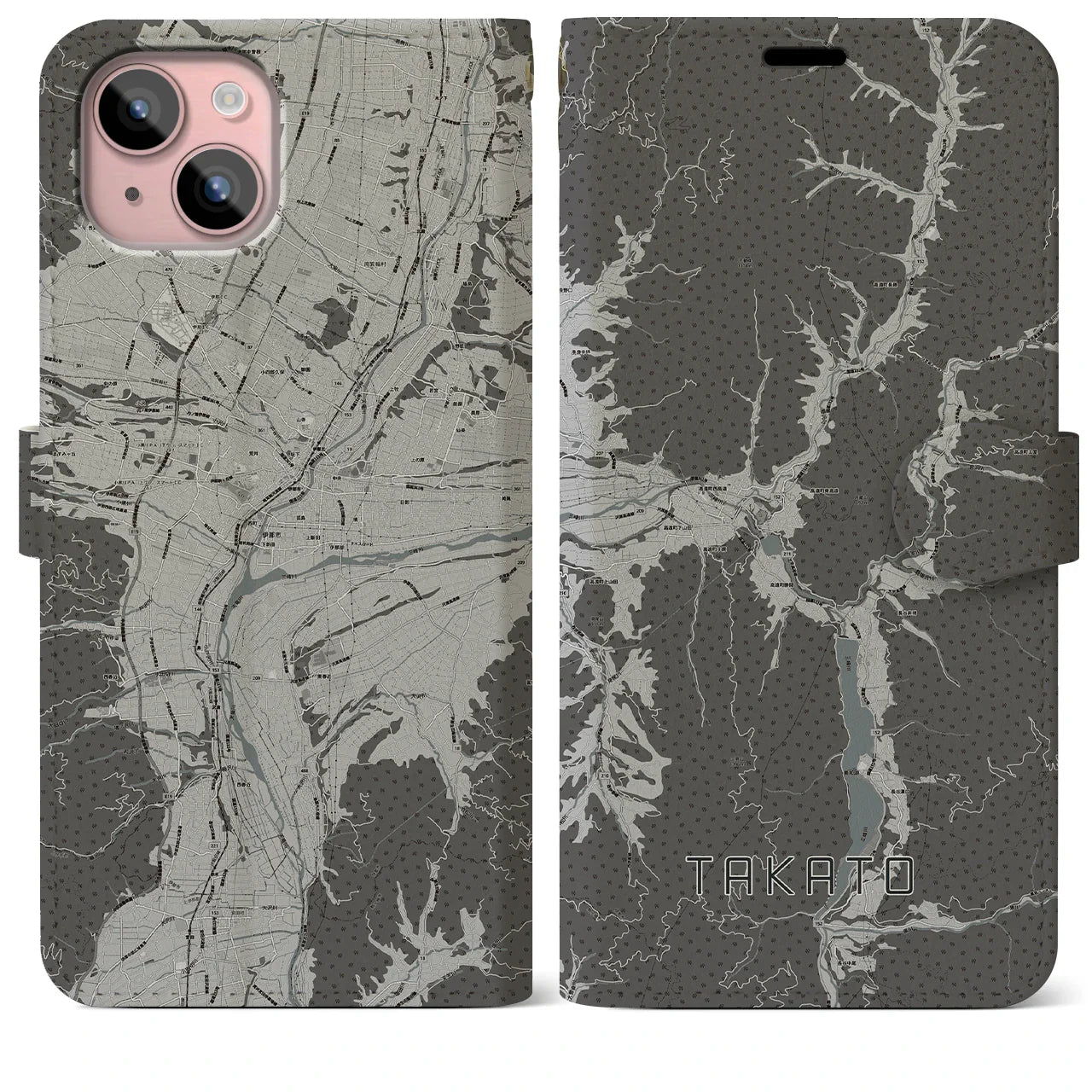 【高遠(長野県)】地図柄iPhoneケース(手帳タイプ)モノトーン・iPhone 15 Plus 用