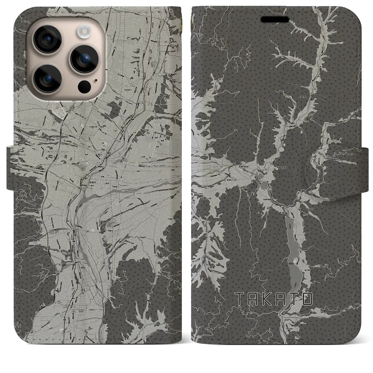 【高遠(長野県)】地図柄iPhoneケース(手帳タイプ)モノトーン・iPhone 16 Plus 用