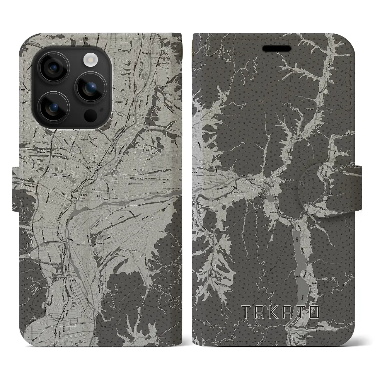 【高遠(長野県)】地図柄iPhoneケース(手帳タイプ)モノトーン・iPhone 16 用