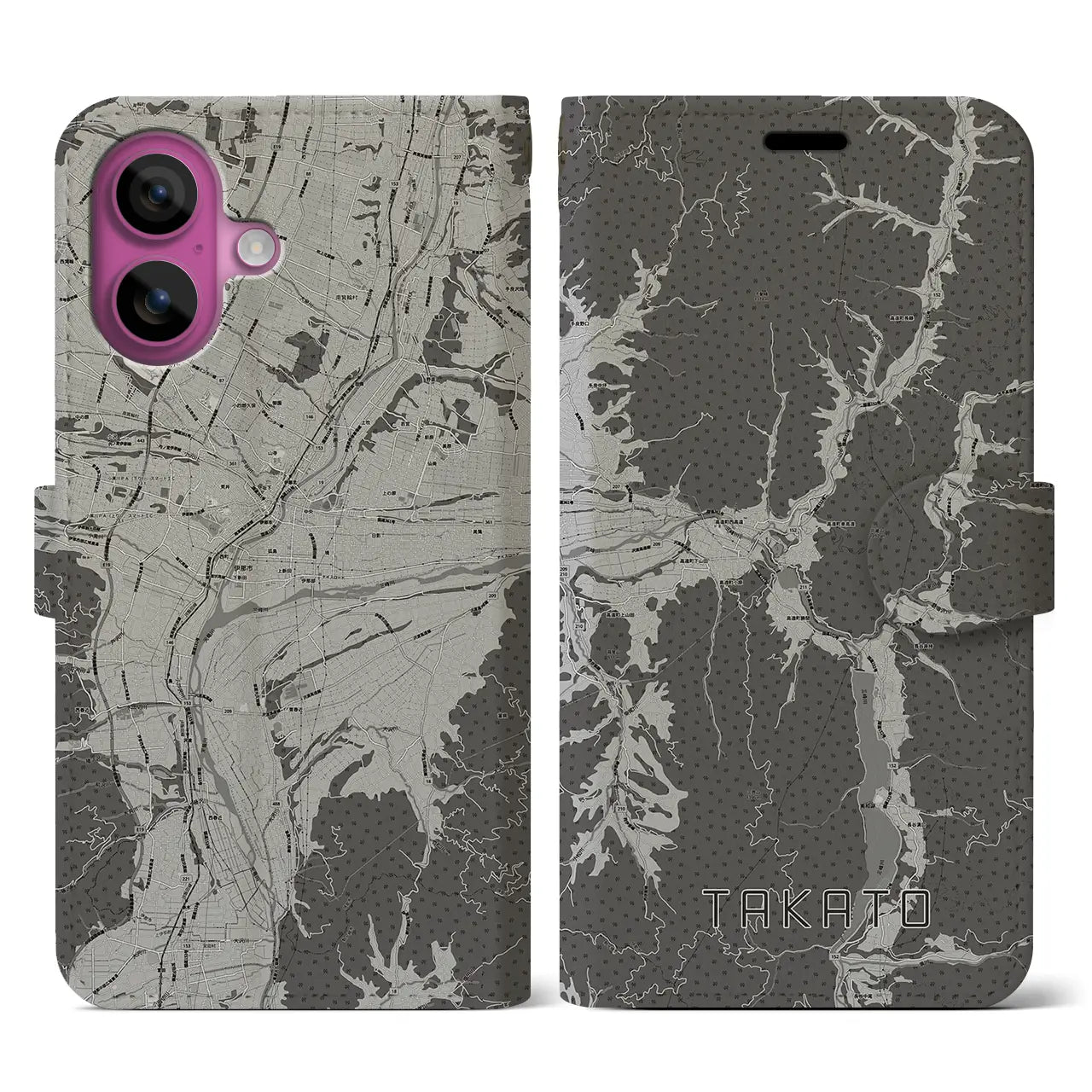 【高遠(長野県)】地図柄iPhoneケース(手帳タイプ)モノトーン・iPhone 16 Pro 用