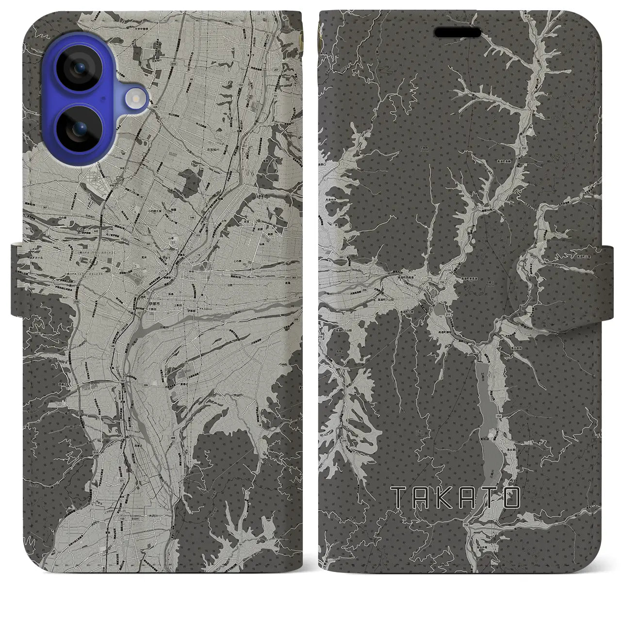 【高遠(長野県)】地図柄iPhoneケース(手帳タイプ)モノトーン・iPhone 16 Pro Max 用