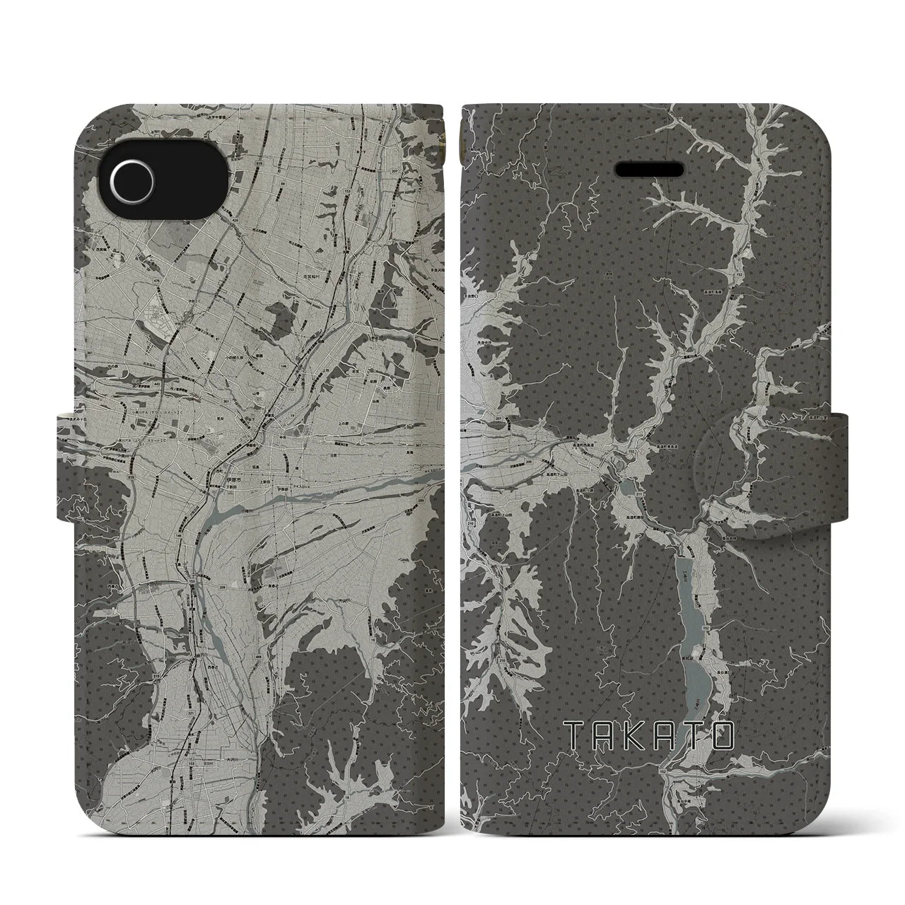 【高遠(長野県)】地図柄iPhoneケース(手帳タイプ)モノトーン・iPhone SE(第3 / 第2世代) / 8 / 7 / 6s / 6 用