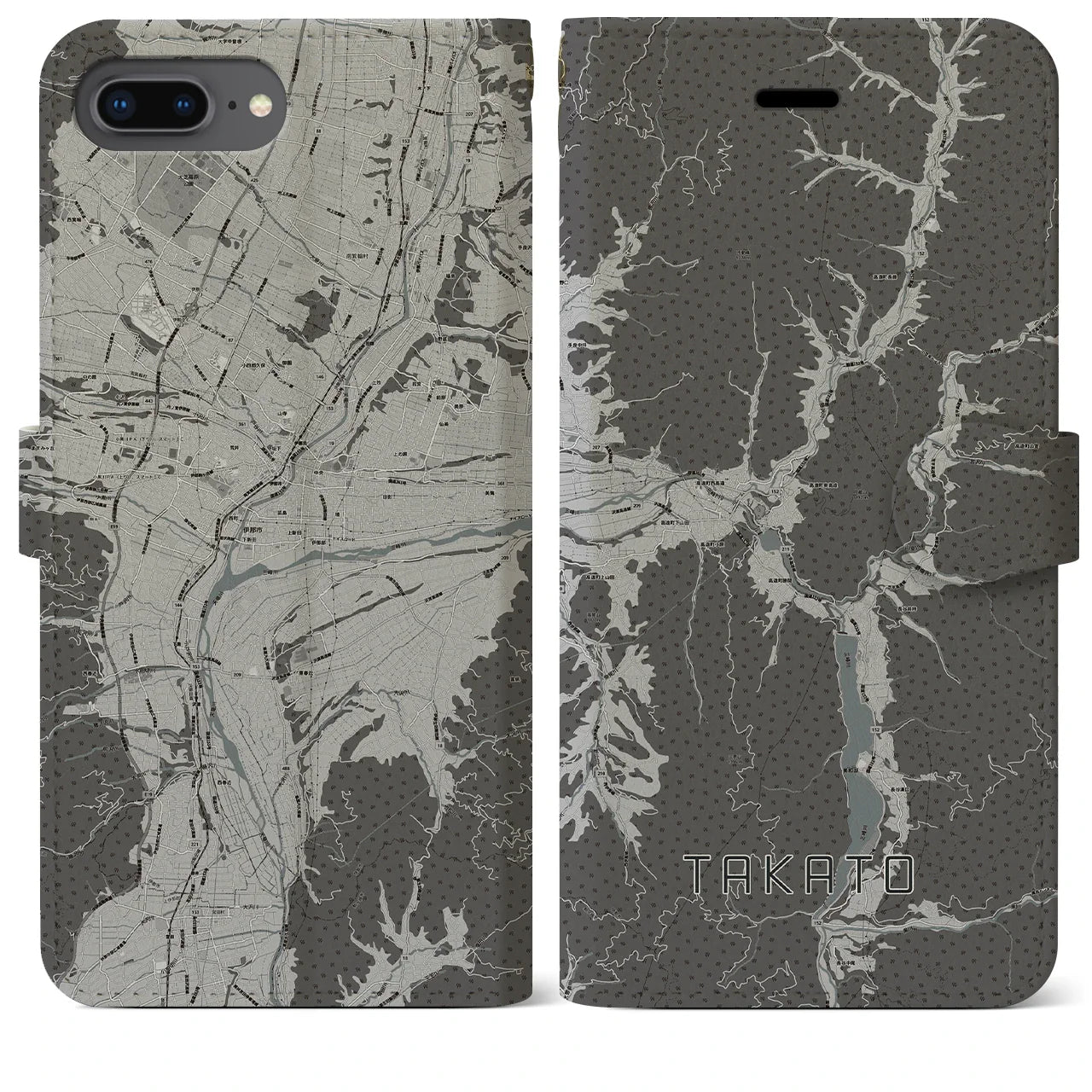 【高遠(長野県)】地図柄iPhoneケース(手帳タイプ)モノトーン・iPhone 8Plus /7Plus / 6sPlus / 6Plus 用