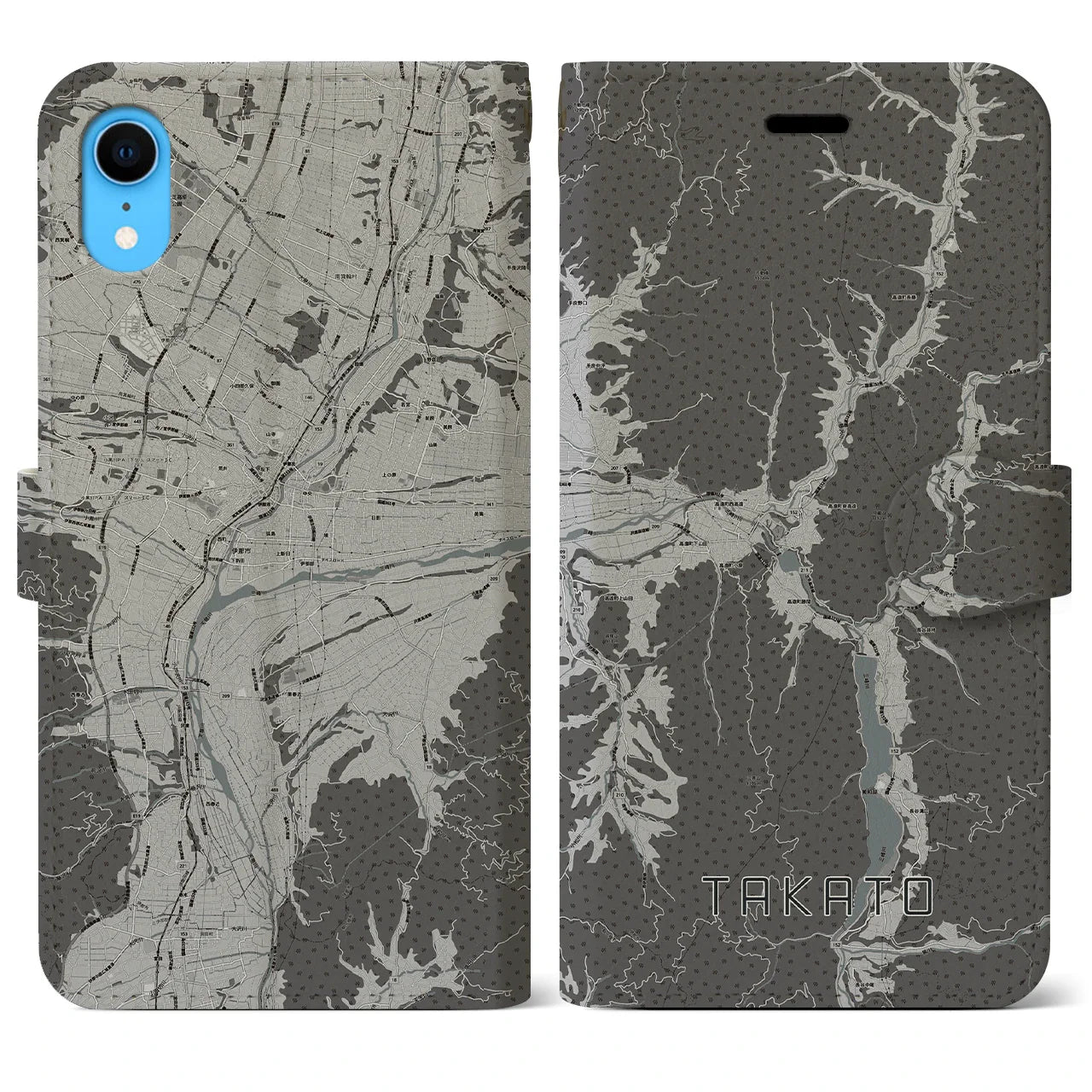 【高遠(長野県)】地図柄iPhoneケース(手帳タイプ)モノトーン・iPhone XR 用