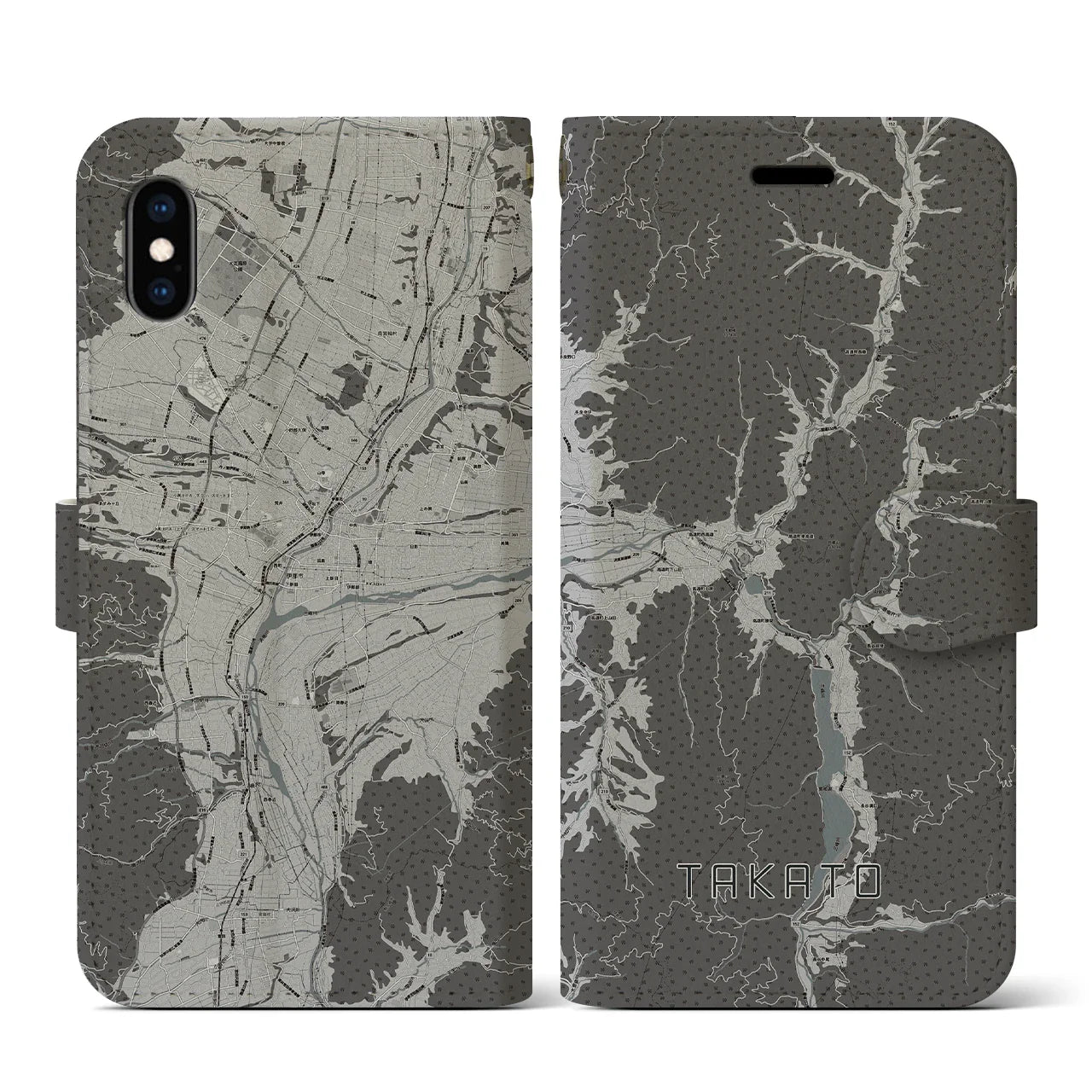 【高遠(長野県)】地図柄iPhoneケース(手帳タイプ)モノトーン・iPhone XS / X 用