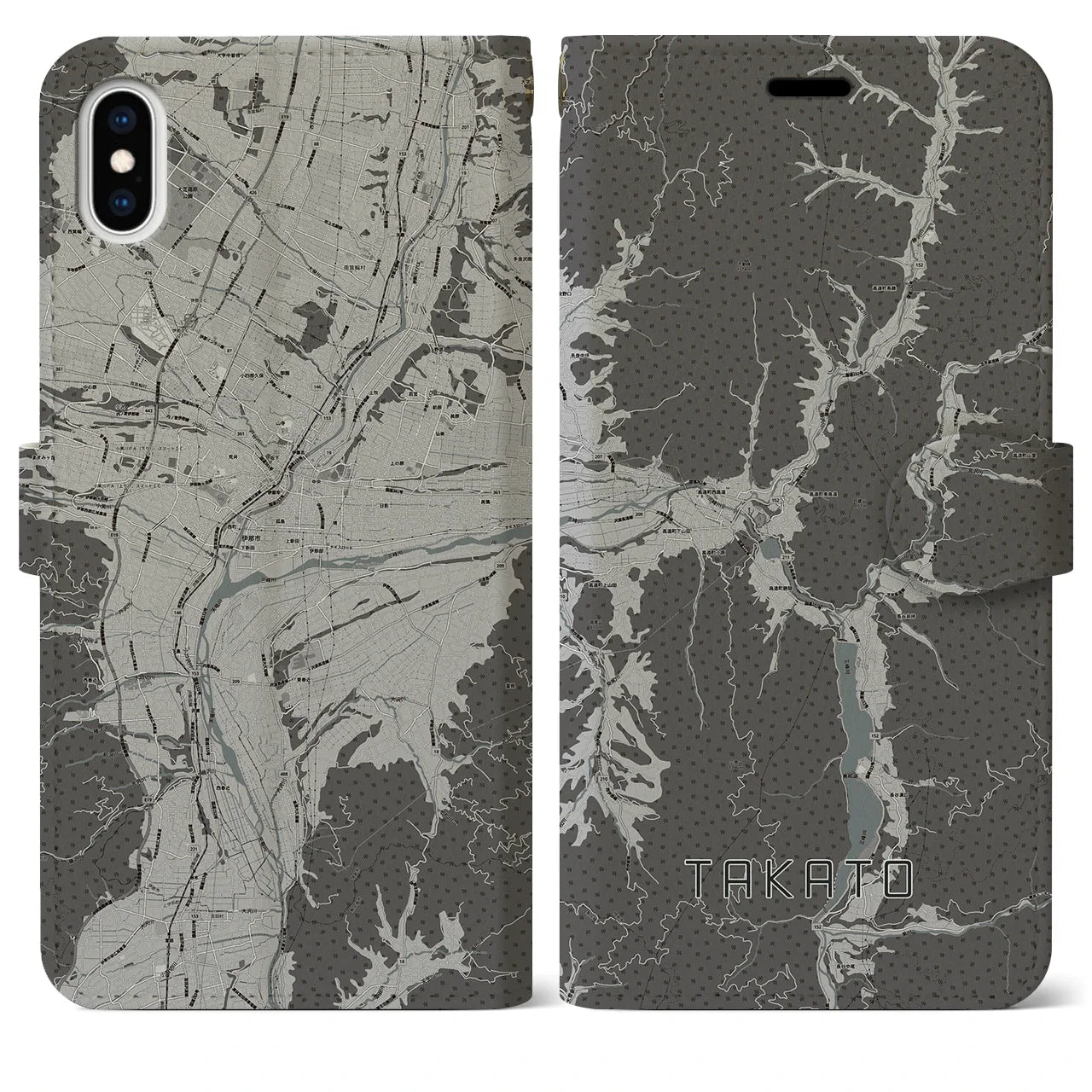 【高遠(長野県)】地図柄iPhoneケース(手帳タイプ)モノトーン・iPhone XS Max 用