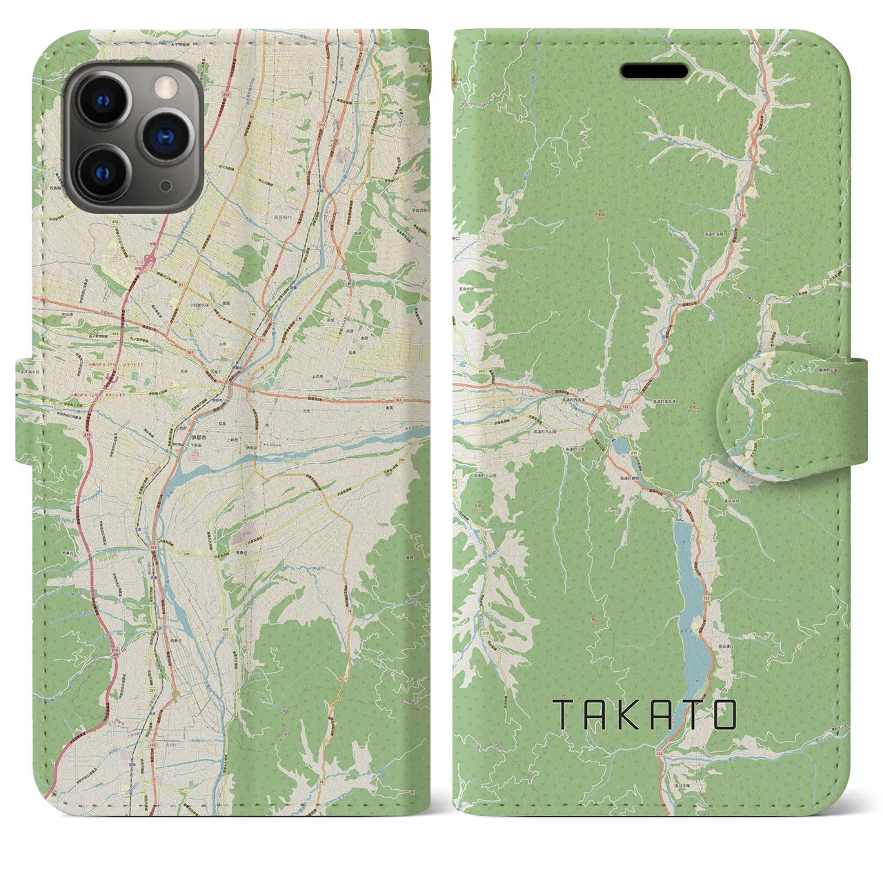 【高遠(長野県)】地図柄iPhoneケース(手帳タイプ)ナチュラル・iPhone 11 Pro Max 用
