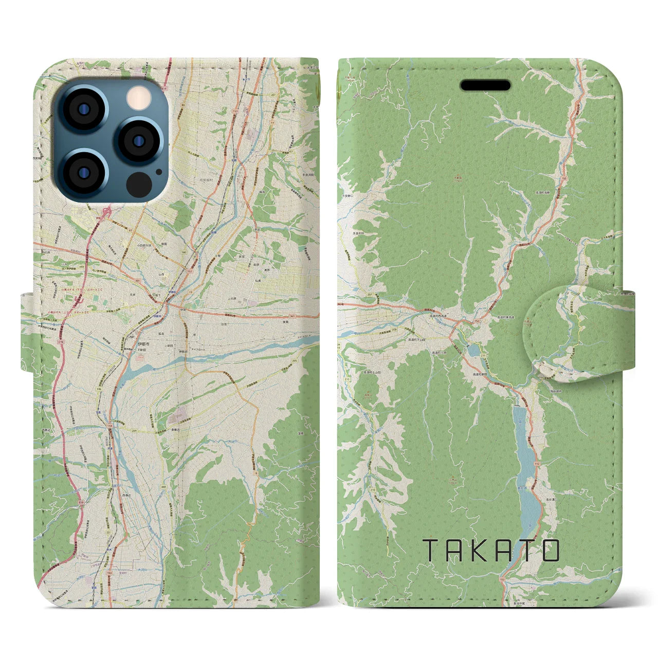【高遠(長野県)】地図柄iPhoneケース(手帳タイプ)ナチュラル・iPhone 12 / 12 Pro 用