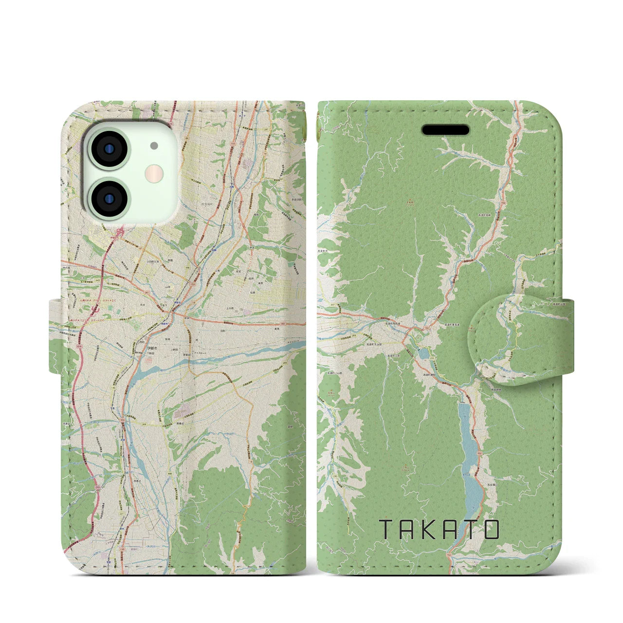 【高遠(長野県)】地図柄iPhoneケース(手帳タイプ)ナチュラル・iPhone 12 mini 用