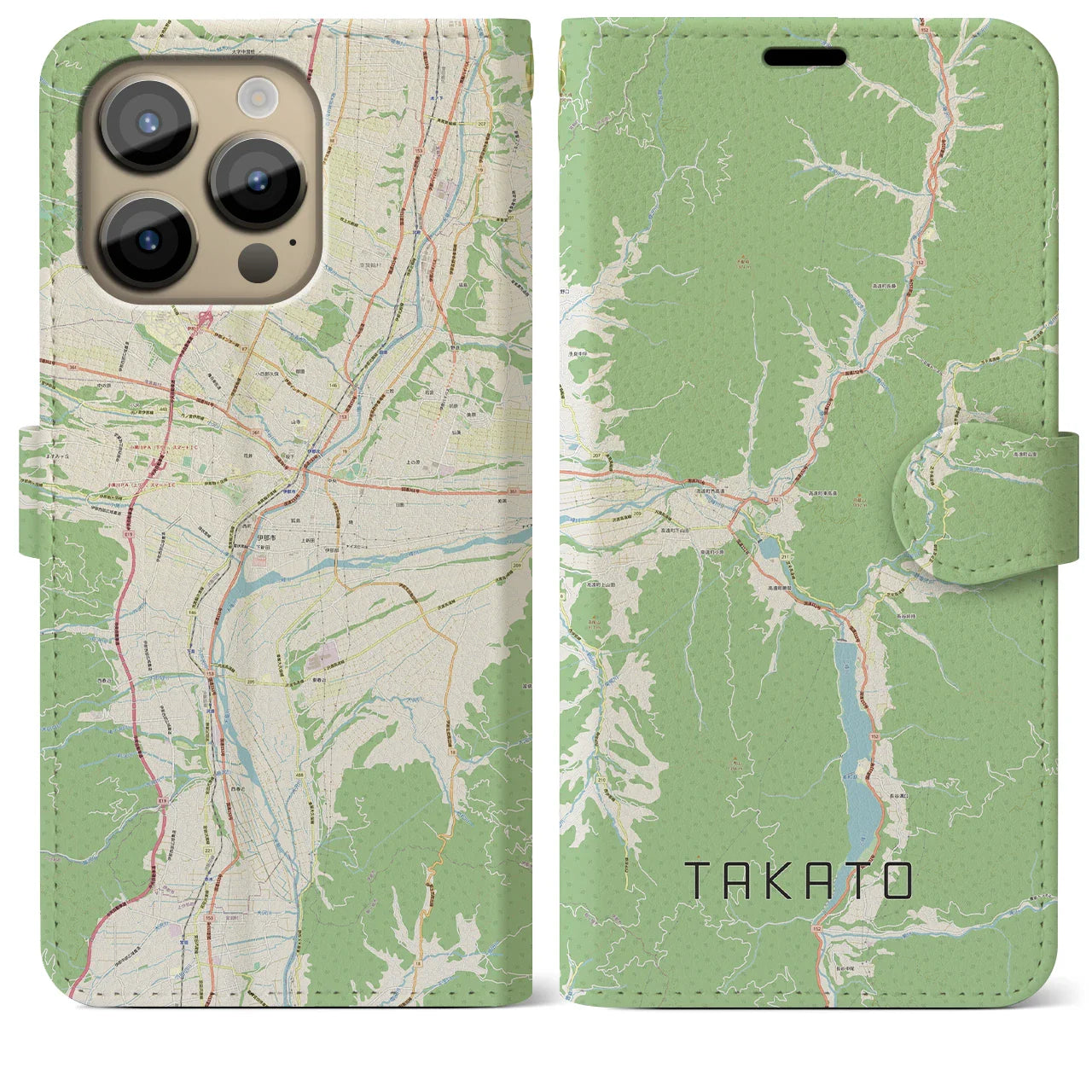 【高遠(長野県)】地図柄iPhoneケース(手帳タイプ)ナチュラル・iPhone 14 Pro Max 用