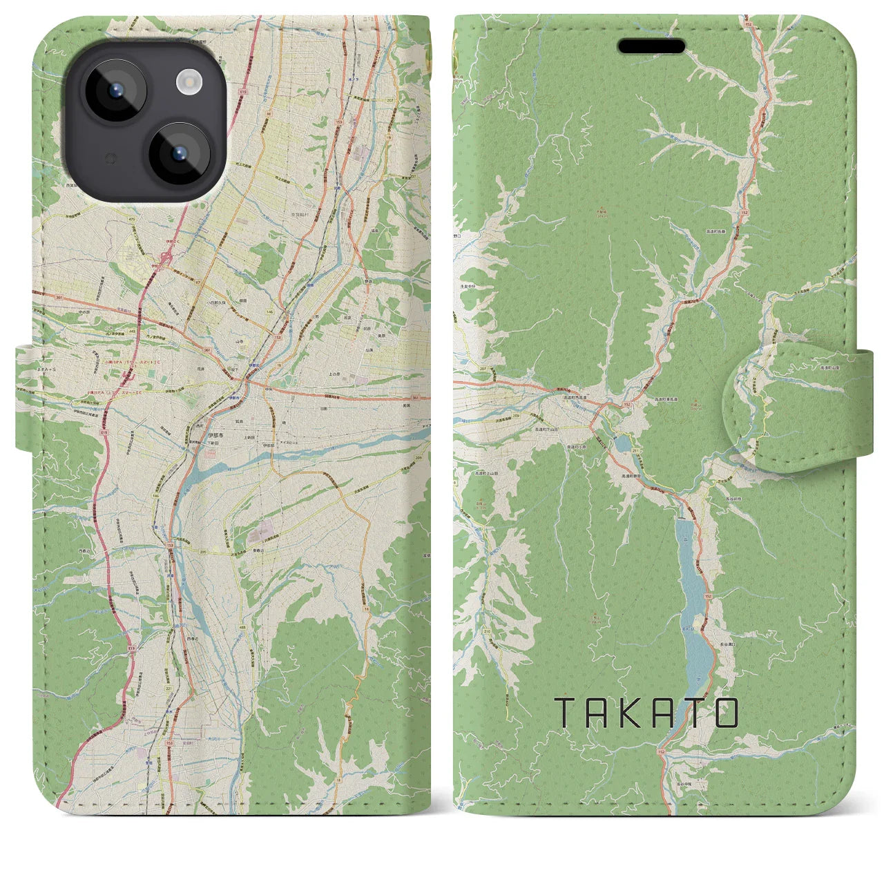 【高遠(長野県)】地図柄iPhoneケース(手帳タイプ)ナチュラル・iPhone 14 Plus 用