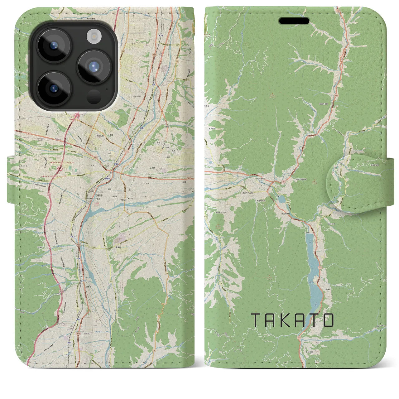 【高遠(長野県)】地図柄iPhoneケース(手帳タイプ)ナチュラル・iPhone 15 Pro Max 用