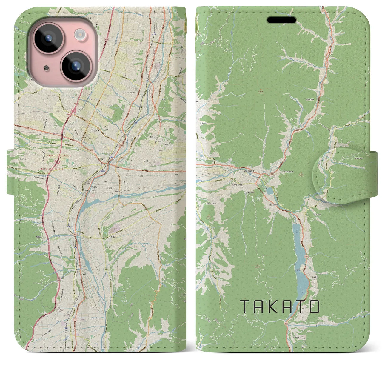 【高遠(長野県)】地図柄iPhoneケース(手帳タイプ)ナチュラル・iPhone 15 Plus 用