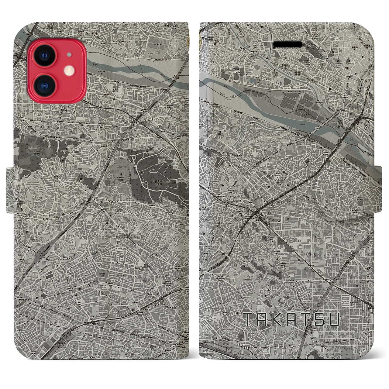 【高津(神奈川県)】地図柄iPhoneケース(手帳タイプ)モノトーン・iPhone 11 用
