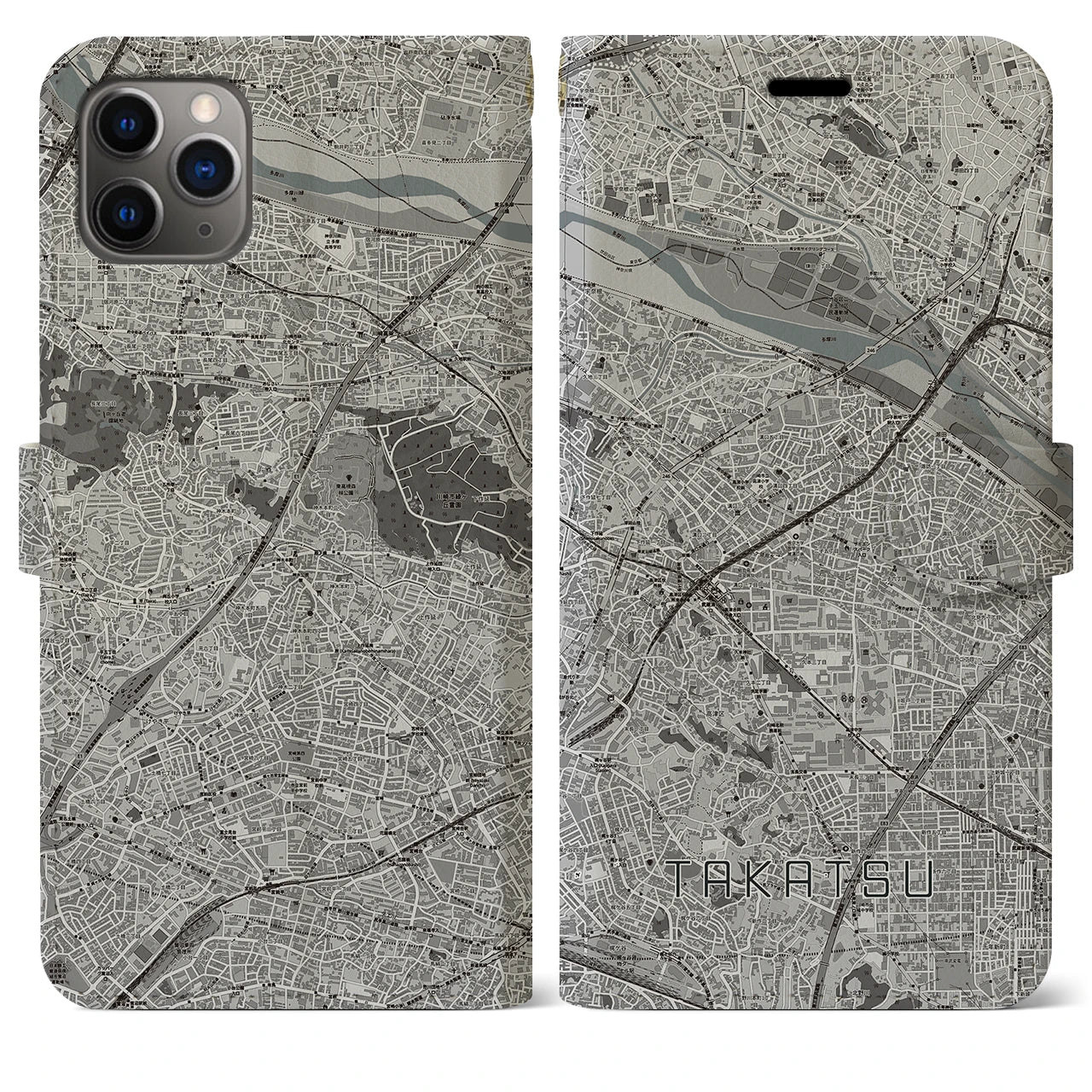 【高津(神奈川県)】地図柄iPhoneケース(手帳タイプ)モノトーン・iPhone 11 Pro Max 用