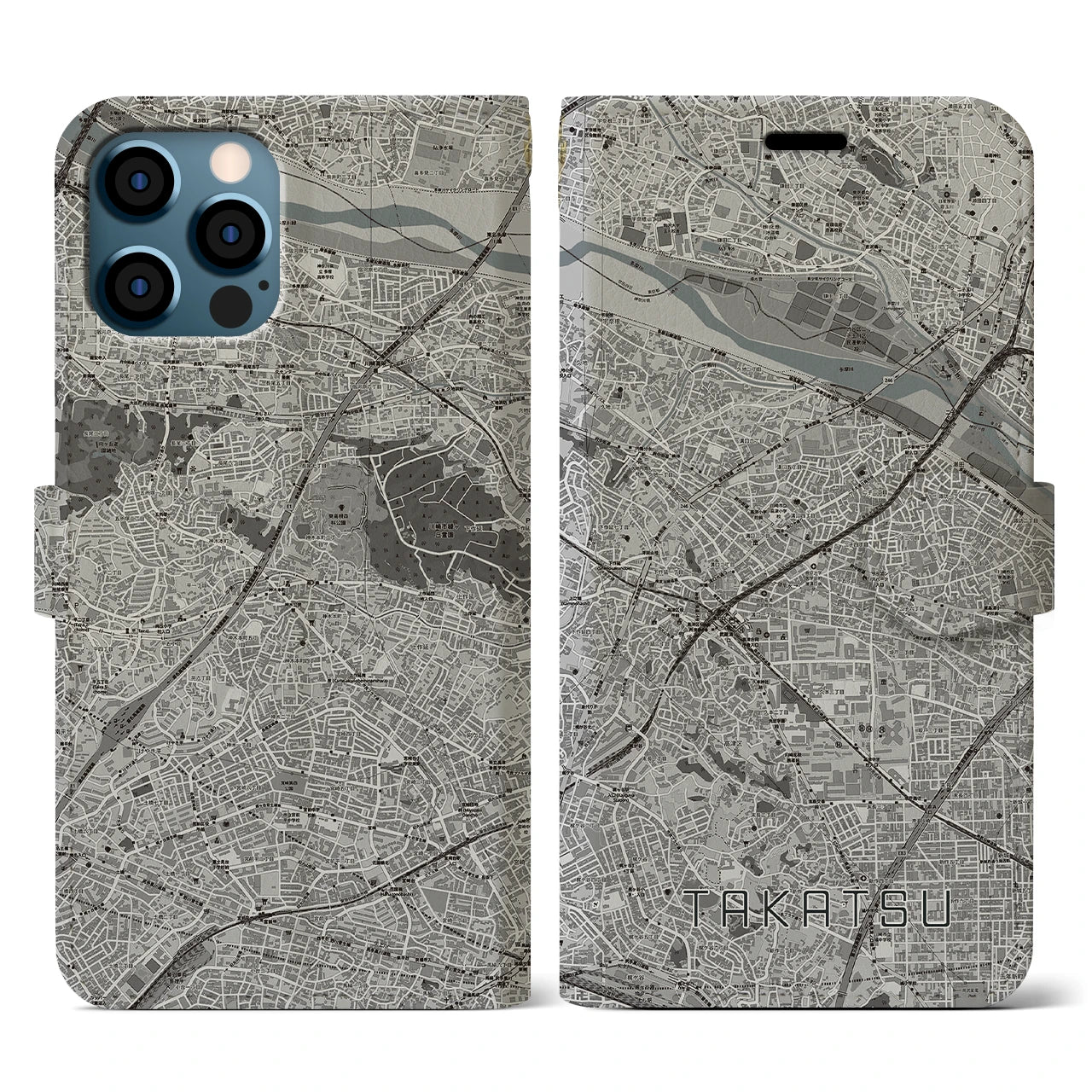 【高津(神奈川県)】地図柄iPhoneケース(手帳タイプ)モノトーン・iPhone 12 / 12 Pro 用