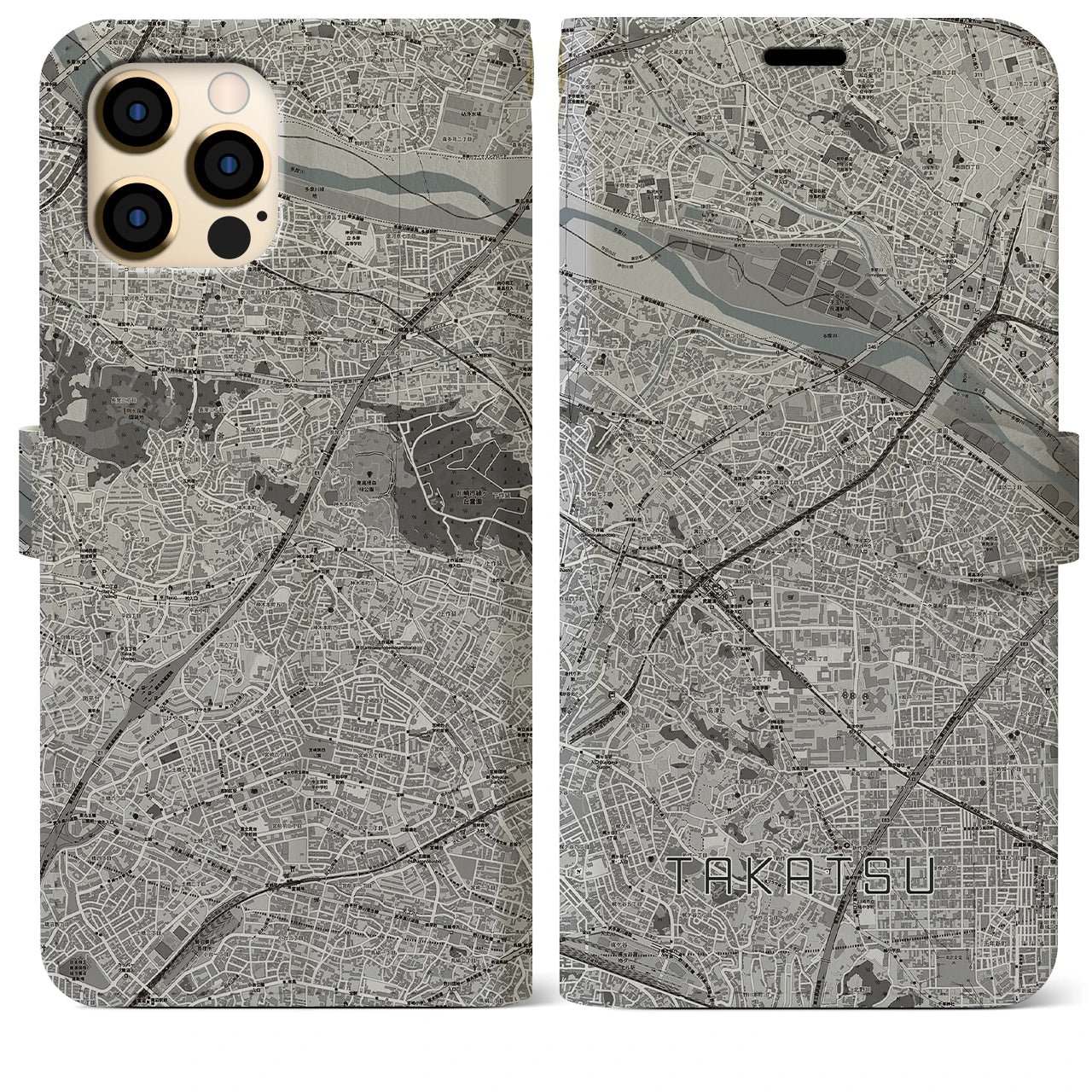 【高津(神奈川県)】地図柄iPhoneケース(手帳タイプ)モノトーン・iPhone 12 Pro Max 用