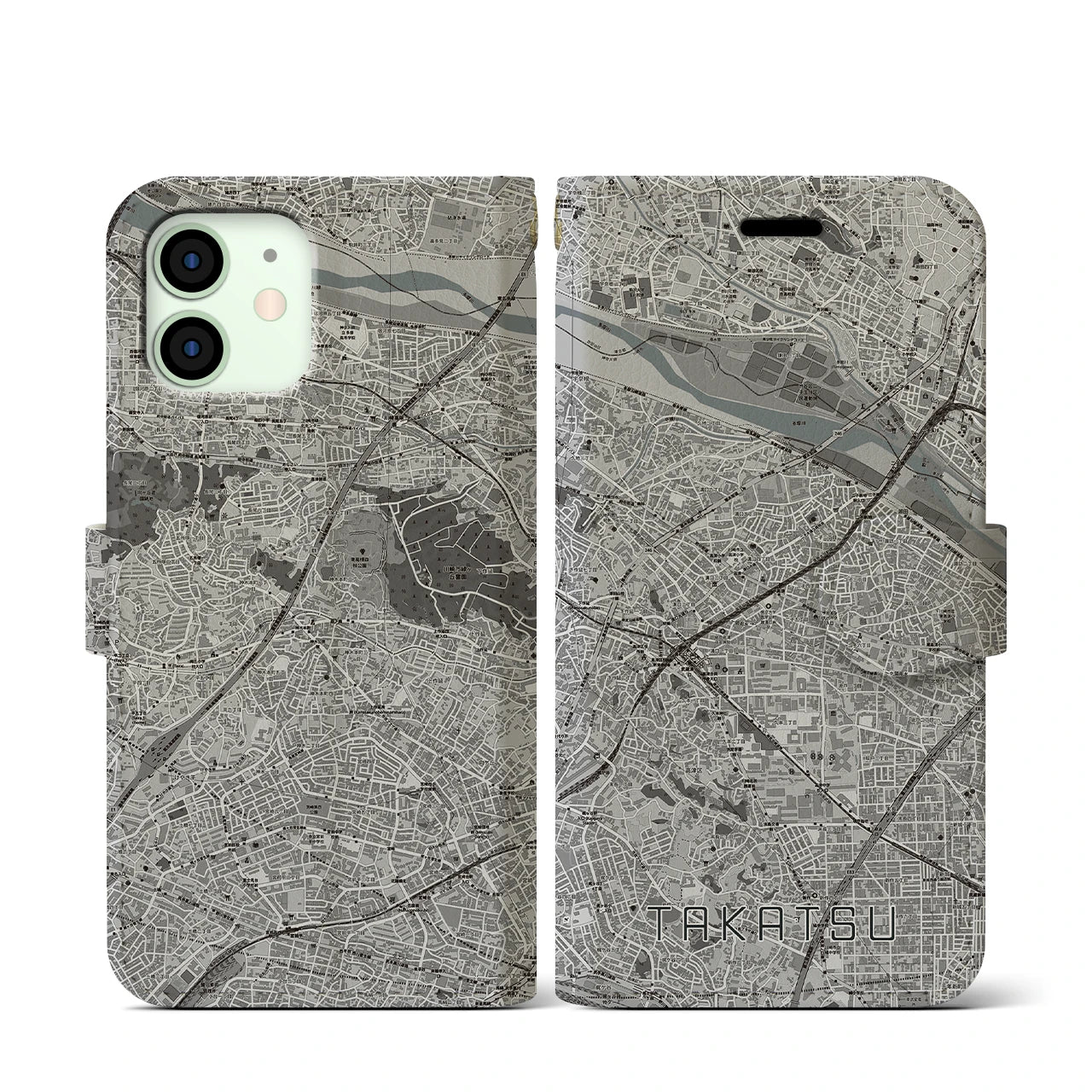 【高津(神奈川県)】地図柄iPhoneケース(手帳タイプ)モノトーン・iPhone 12 mini 用
