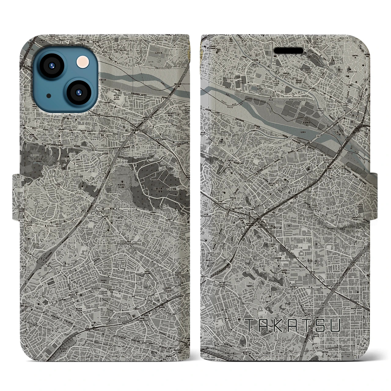 【高津(神奈川県)】地図柄iPhoneケース(手帳タイプ)モノトーン・iPhone 13 用