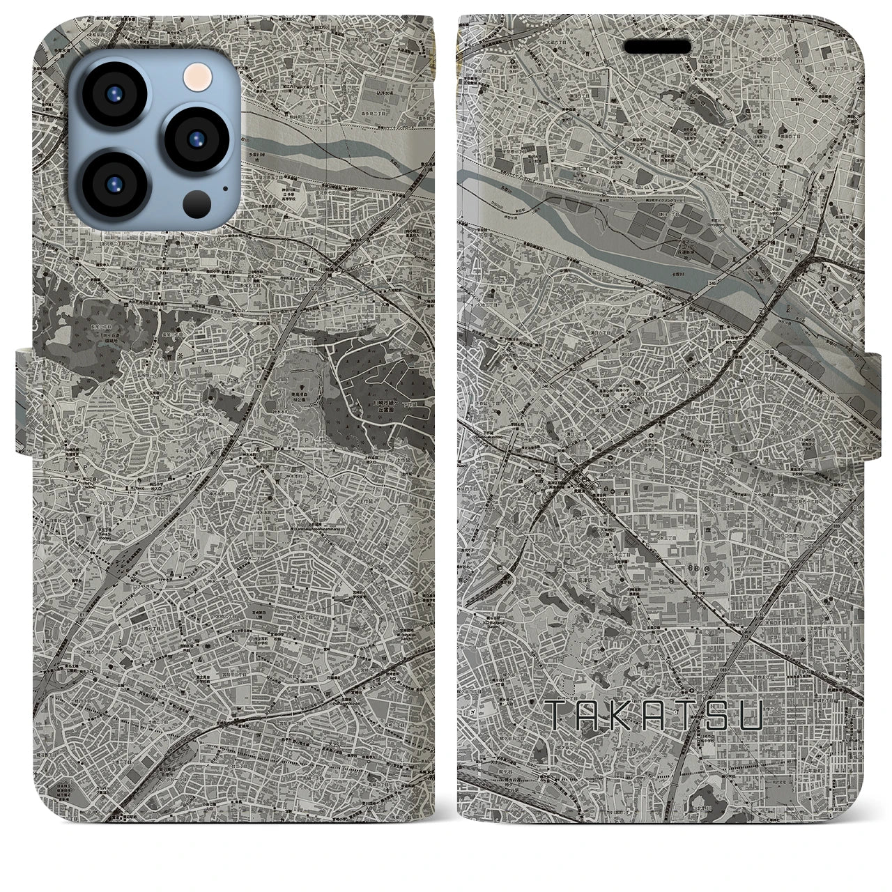 【高津(神奈川県)】地図柄iPhoneケース(手帳タイプ)モノトーン・iPhone 13 Pro Max 用